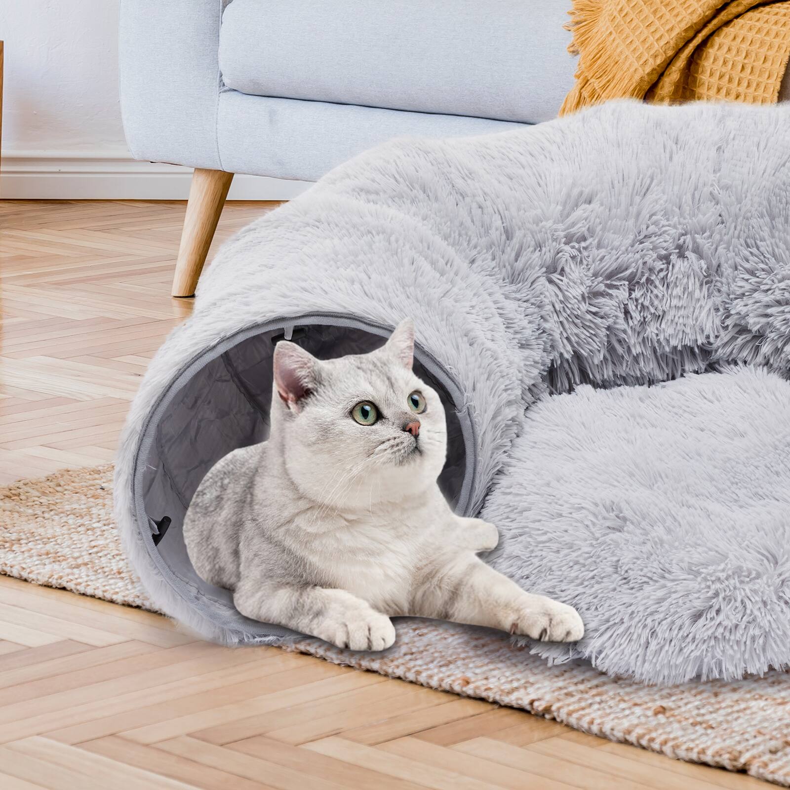 Back. AENKYO - Plush Cat Cave Bed With Removable Play Tunnel & Ball Toy – Dual-Entry, Machine Washable Cat Furniture. - Grey.