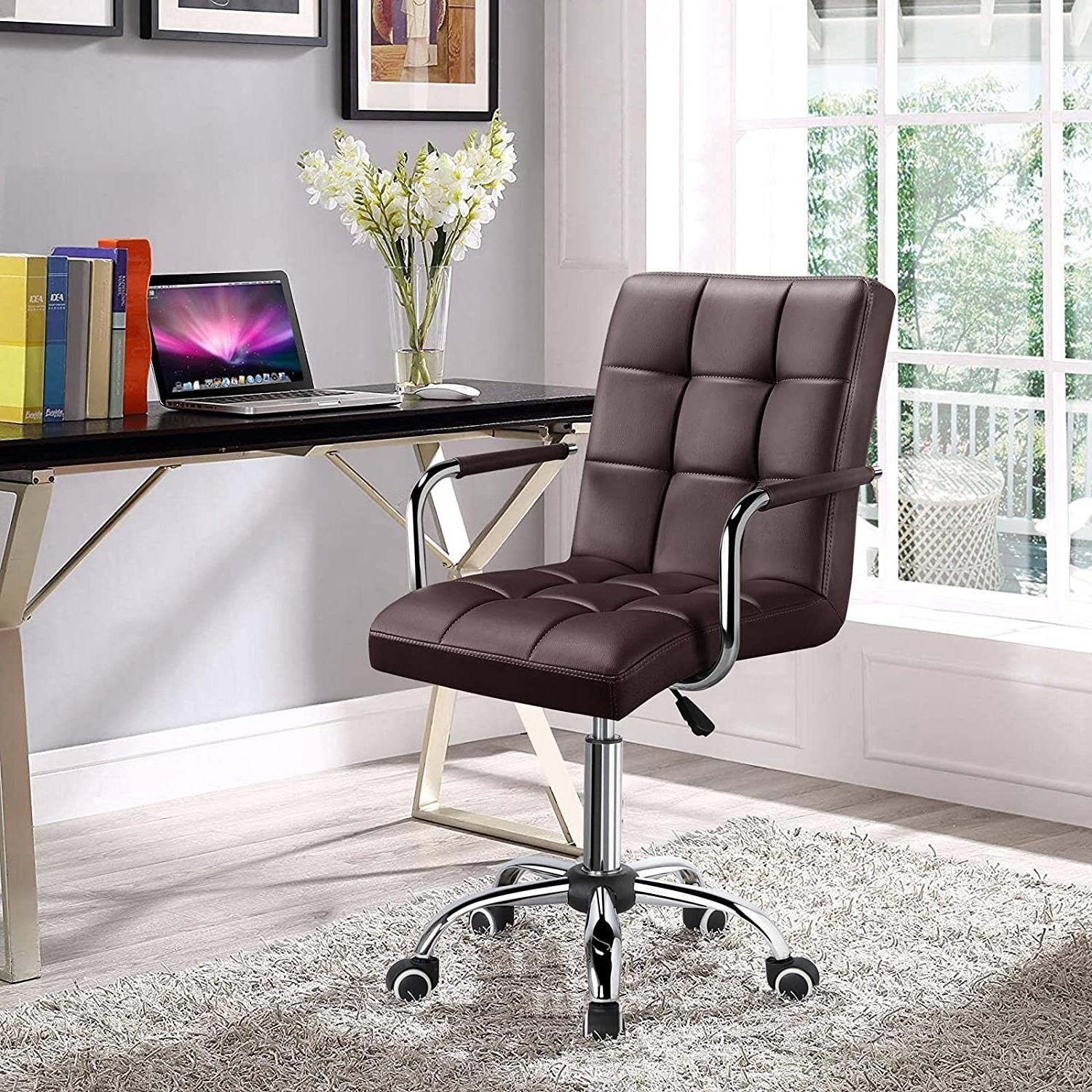 Angle. Hivvago - Dark Brown Modern Faux Leather Mid-Back Office Chair with Armrests and Wheels - Brown.