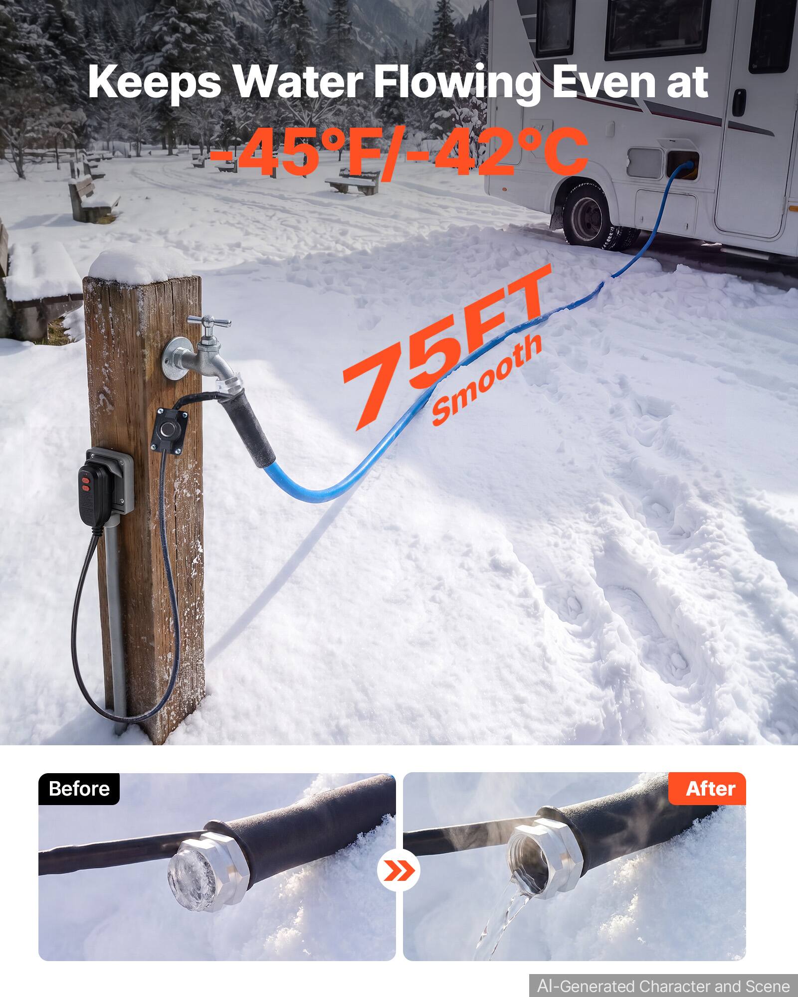 Keeps Water Flowing Even at -45°F/-42°C  
75FT Smooth  

Before  
After  

AI-Generated Character and Scene