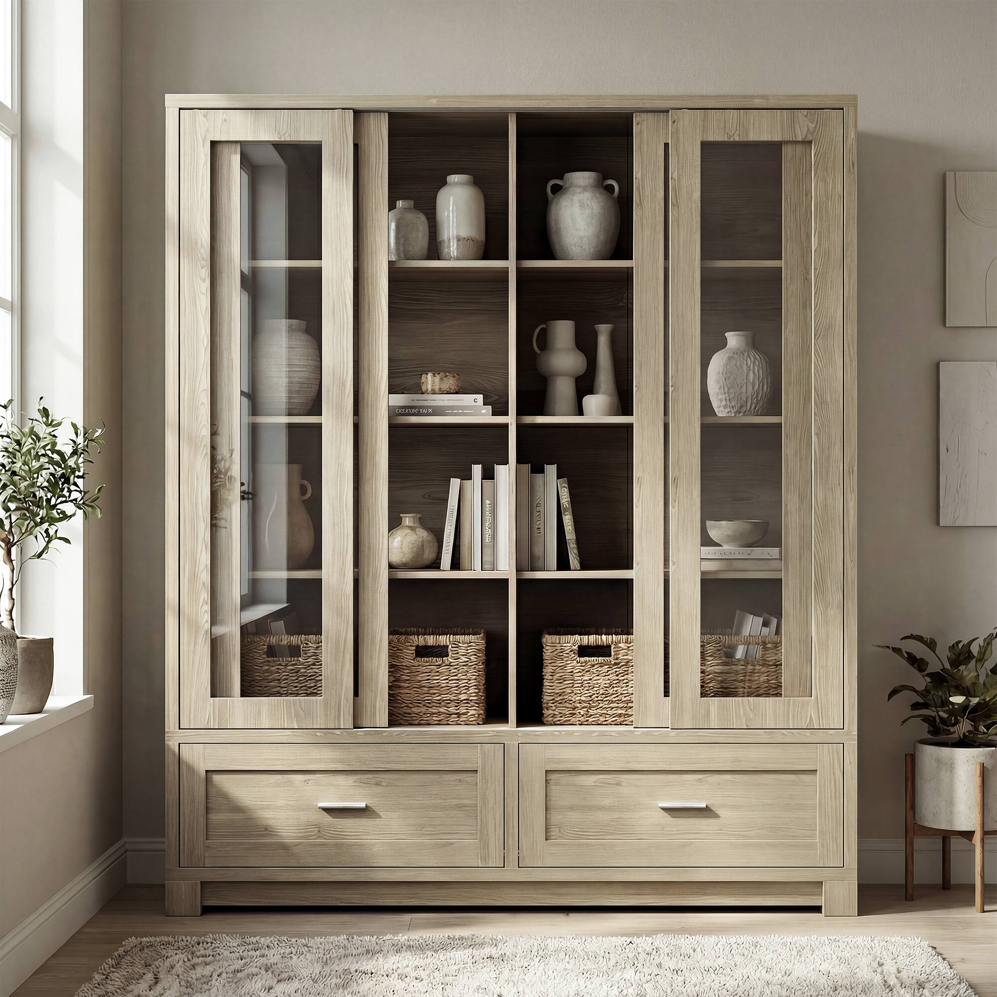 Alt View 10. Famapy - Glass Door Display Bookcase, Wood Grain Storage Cabinet with Fixed Shelves.