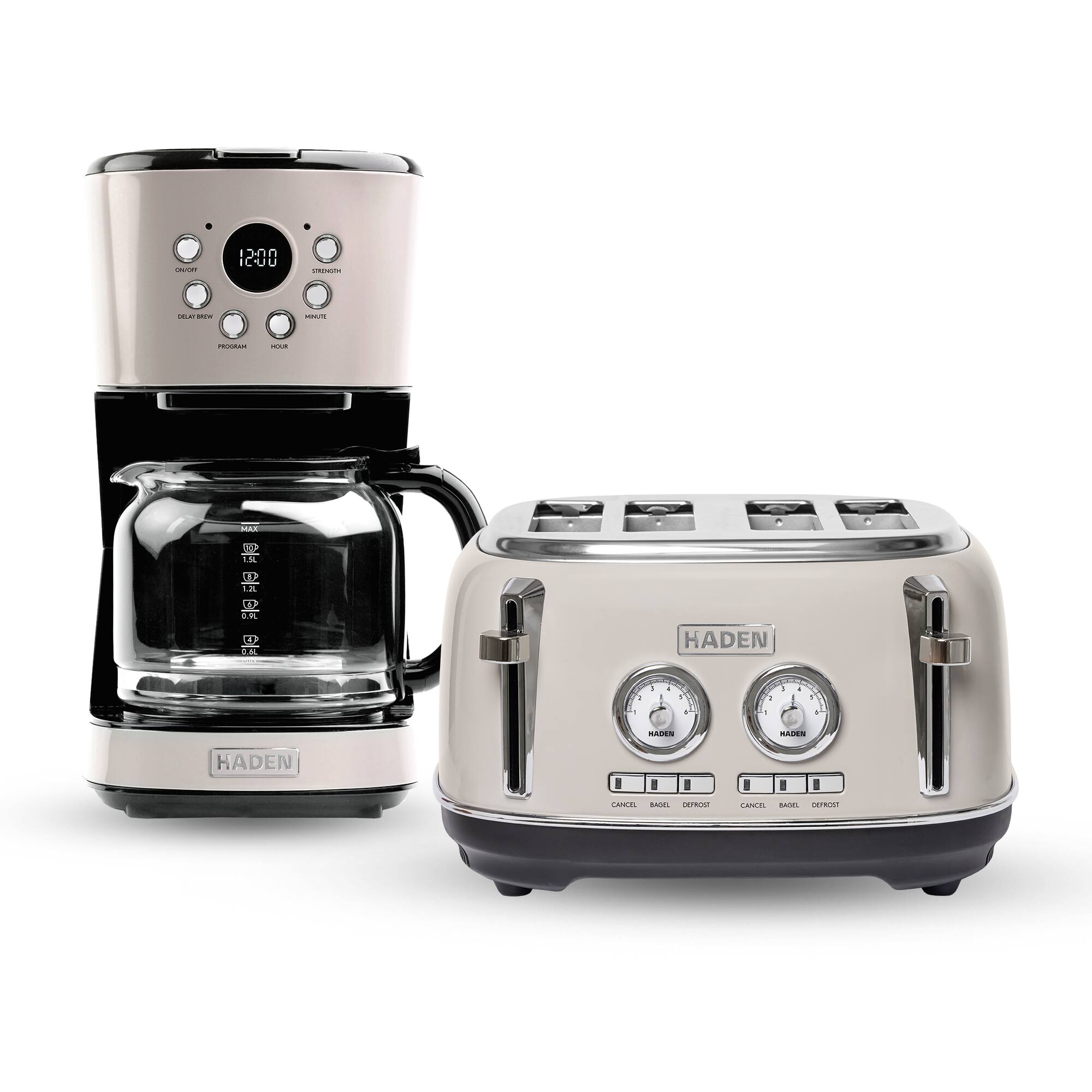 Haden - Dorset 12 Cup Coffee Maker & 4 Slice Wide Slot Toaster, Chrome - Putty
