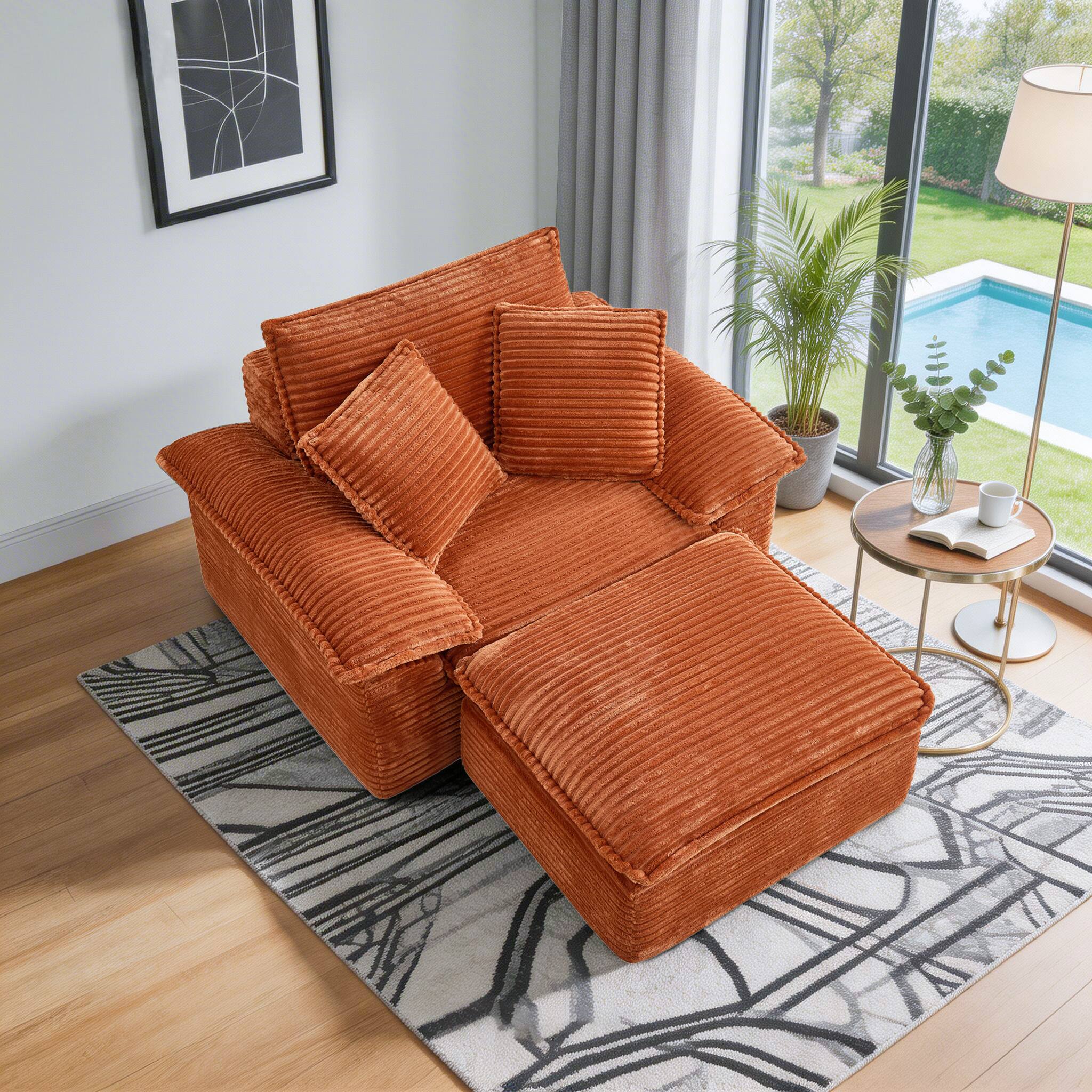Left. Electra Tech Xpress - 48" Boneless Couch with Removable Ottoman,Oversized Upholstered Lounge Sofa Bed with Pillows,No Assembly - Orange.