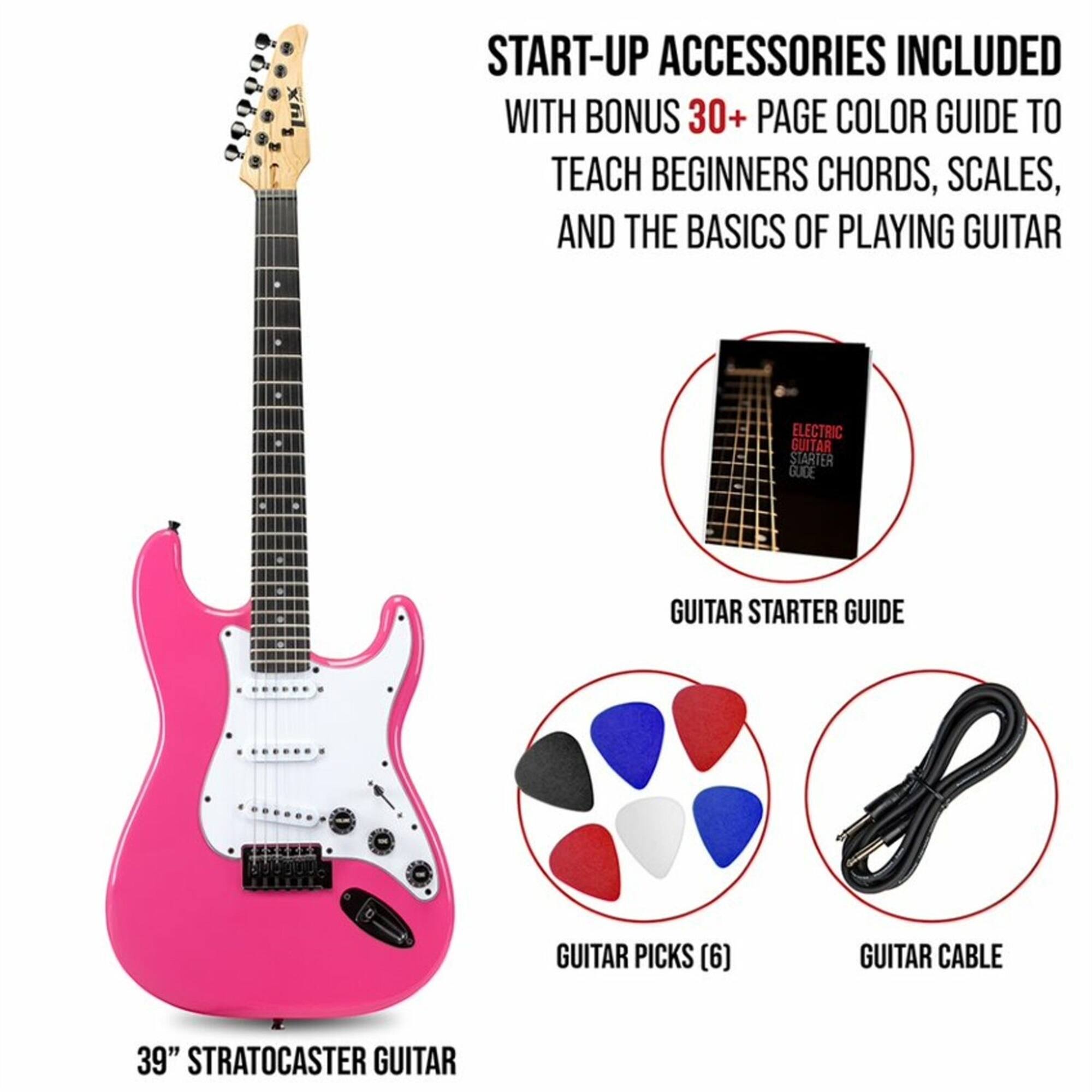 START-UP ACCESSORIES INCLUDED WITH BONUS 30+ PAGE COLOR GUIDE TO TEACH BEGINNERS CHORDS, SCALES, AND THE BASICS OF PLAYING GUITAR

ELECTRIC GUITAR STARTER GUIDE
GUITAR STARTER GUIDE
GUITAR PICKS (6)
GUITAR CABLE
39" STRATOCASTER GUITAR