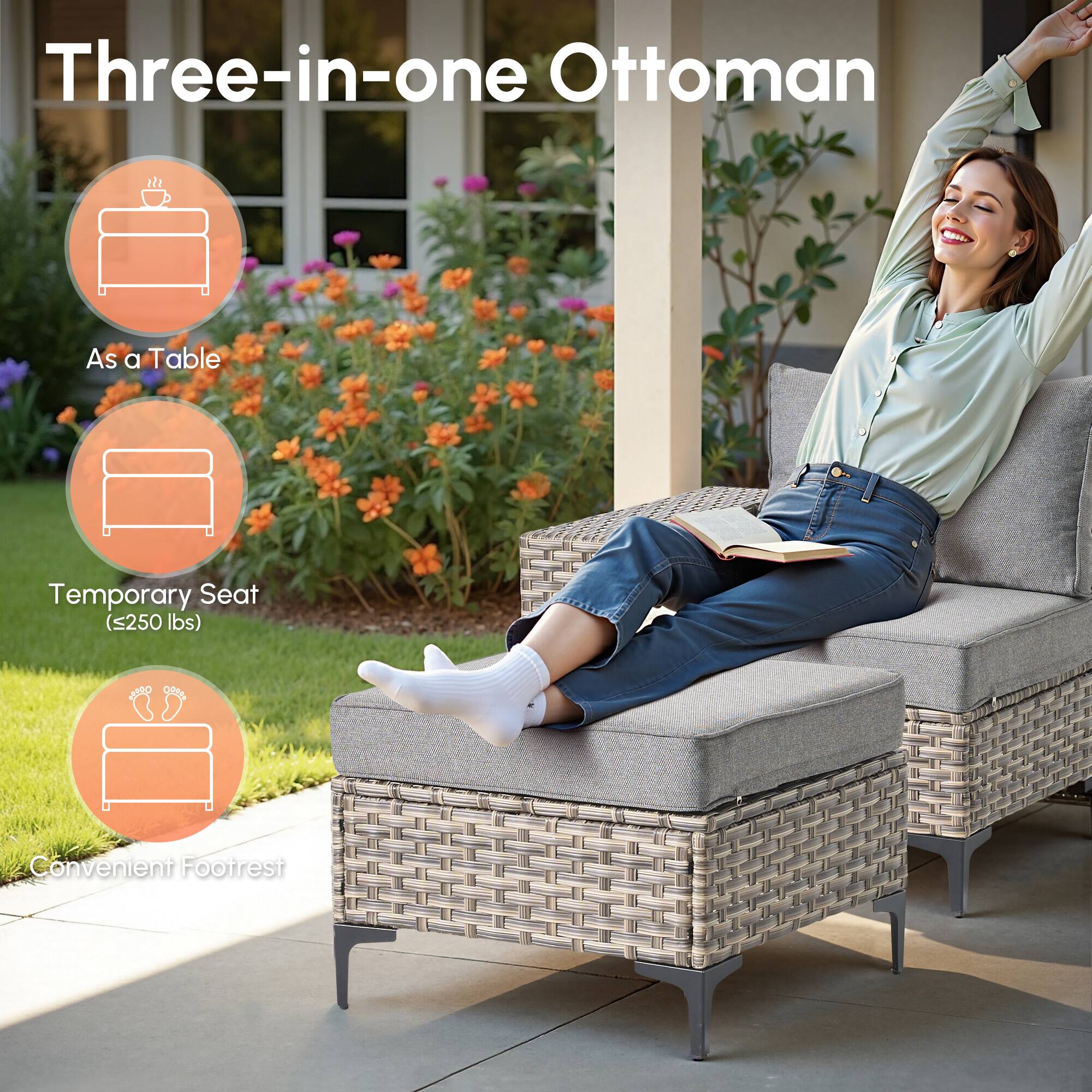 Three-in-one Ottoman

- As a Table
- Temporary Seat (≤250 lbs)
- Convenient Footrest
