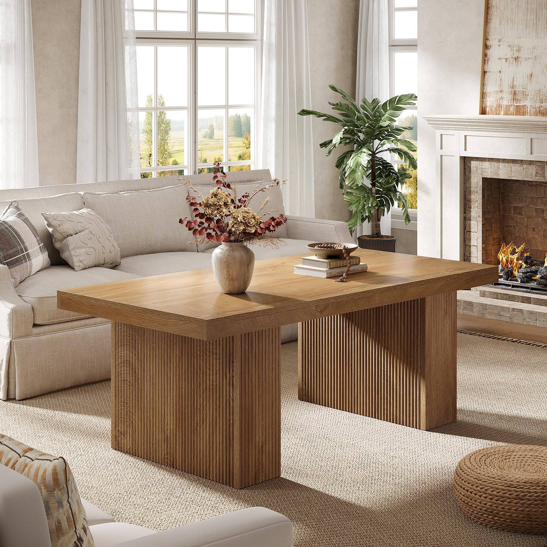 Back. Tribesigns - Farmhouse Coffee Table, 47.24 Inch Rectangle Center Table with Large Tabletop & Thick Base, Rustic Wooden Furniture for - Brown.