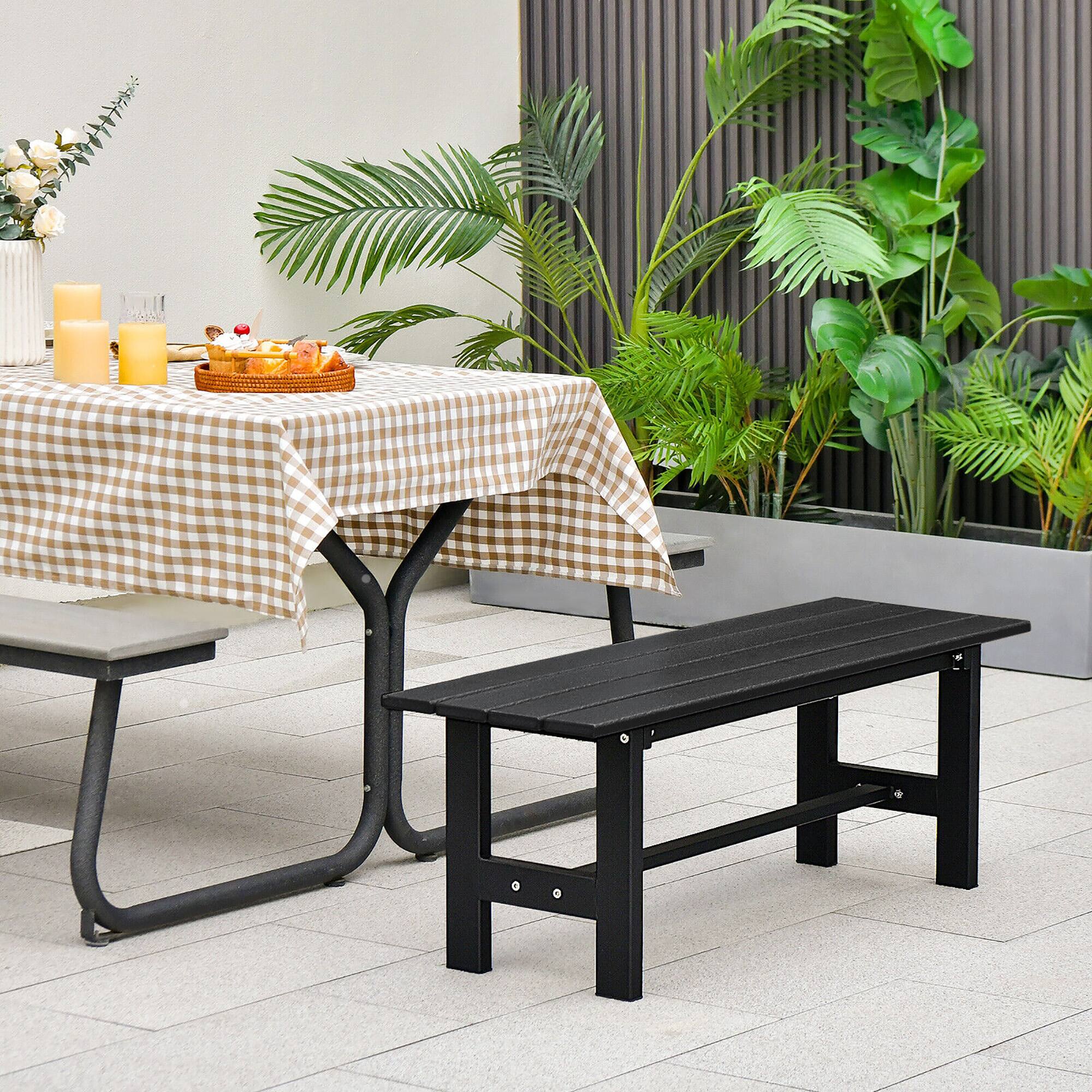 Alt View 2. Gymax - Gymax Outdoor HDPE Bench w/ Metal Frame 47'' x 14'' x 16'' for Yard Garden Black - Black.