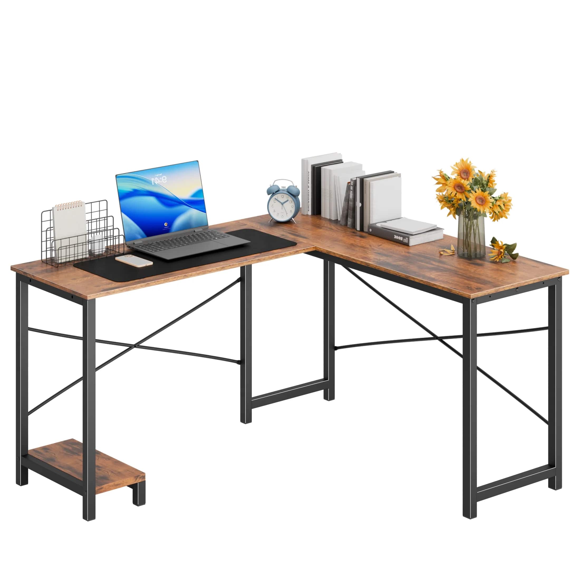AENKYO - 49" L Shaped Desk Computer Desk Corner Desks Gaming Desk with CPU Stand Side Bag - Brown