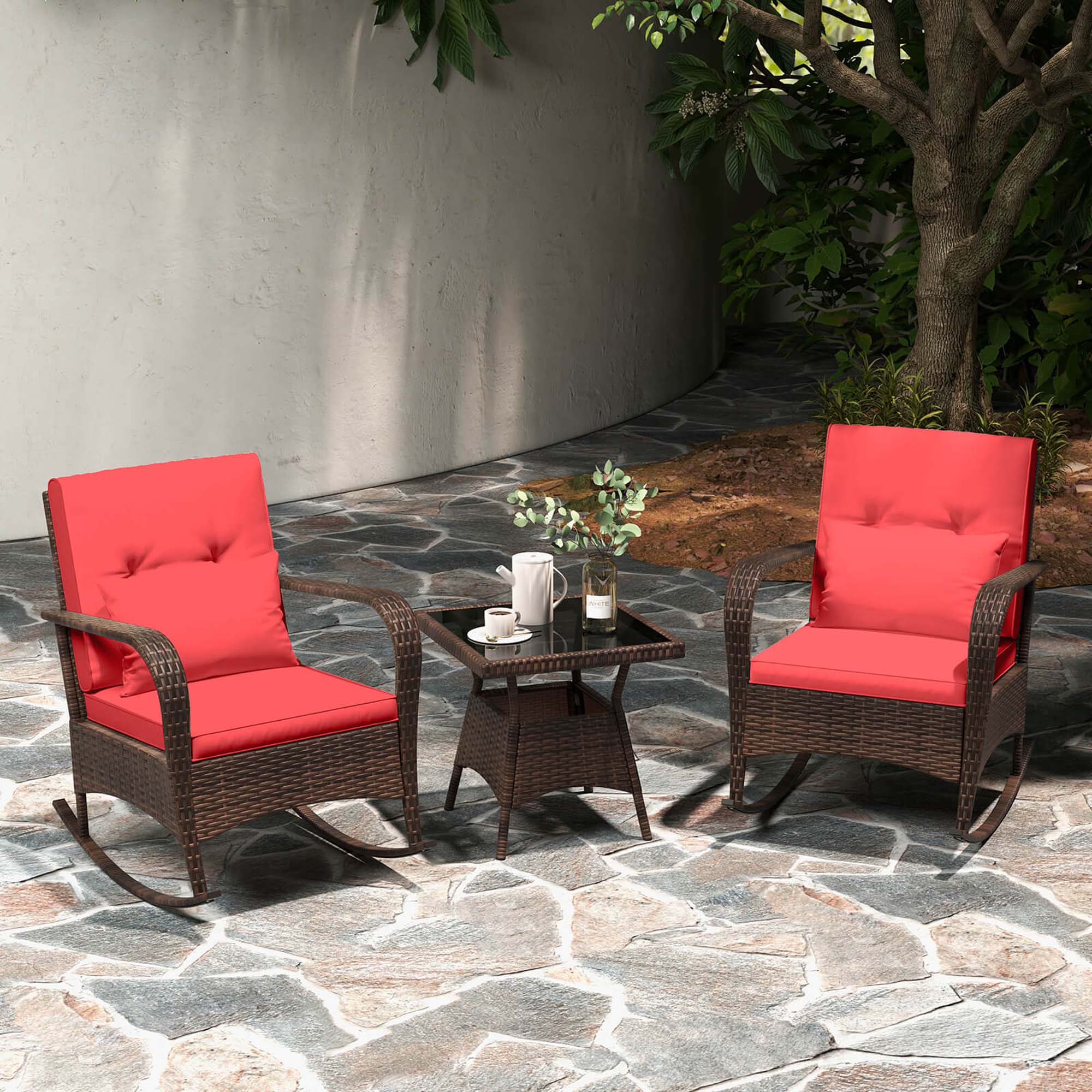 Alt View 3. Costway - Costway 3 PCS Rocking Bistro Set with Removable Cushions & Tempered Glass Top Table - Red.