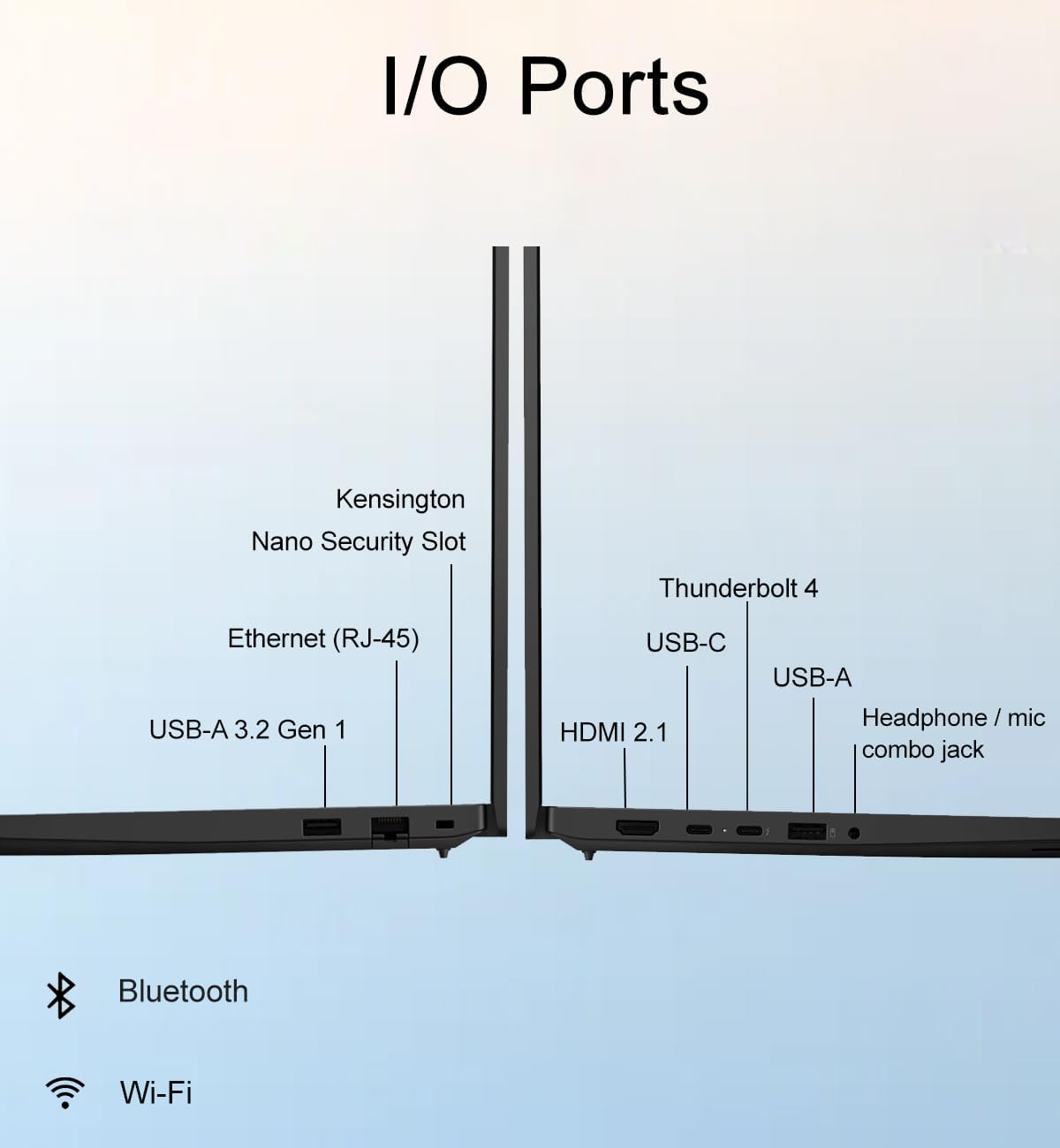 1/0 Ports

Kensington Nano Security Slot

Thunderbolt 4

Ethernet (RJ-45)

USB-A 3.2 Gen 1

USB-C

USB-A

Headphone/mic combo jack

Bluetooth

Wi-Fi