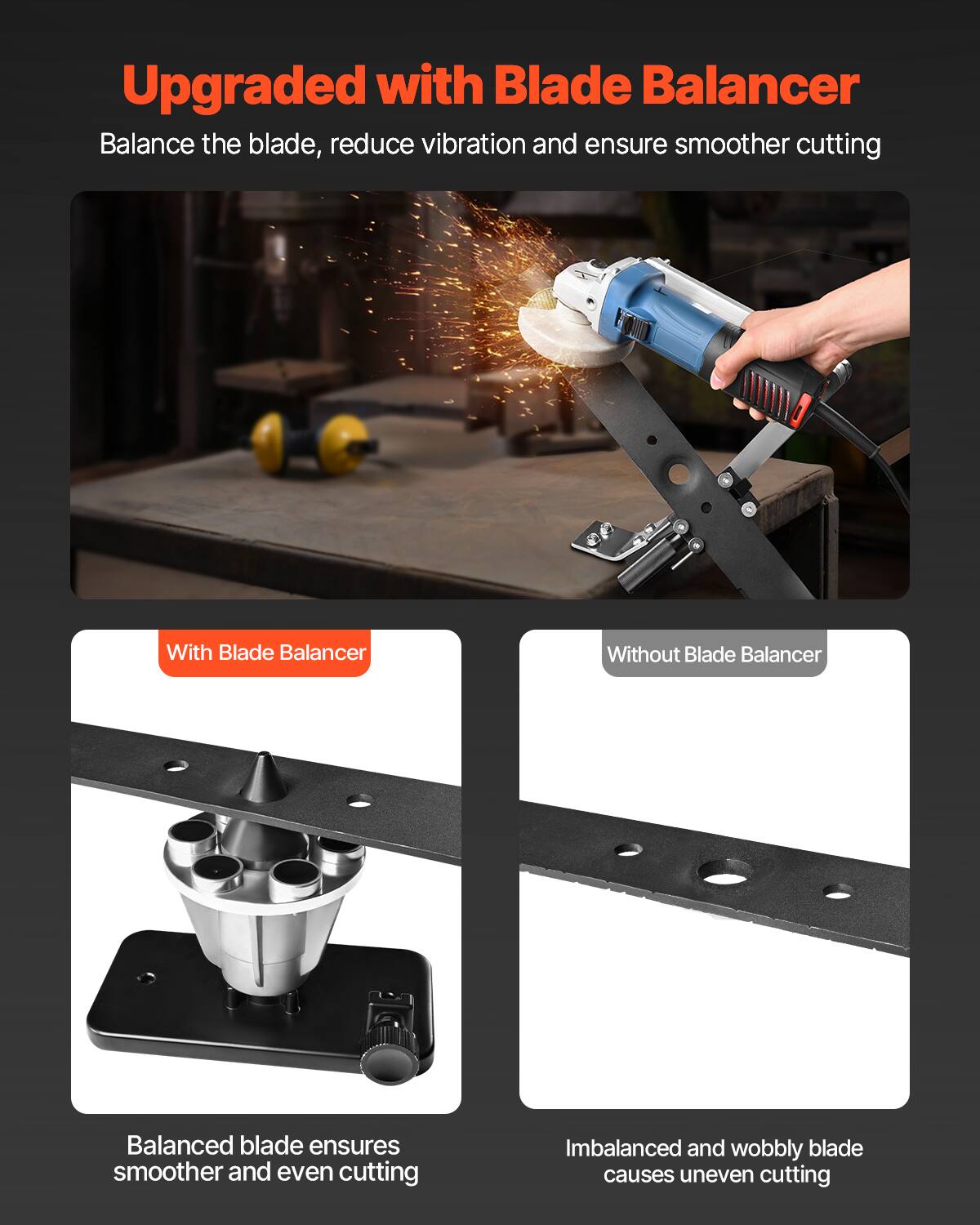 Upgraded with Blade Balancer  
Balance the blade, reduce vibration and ensure smoother cutting  

With Blade Balancer  
Balanced blade ensures smoother and even cutting  

Without Blade Balancer  
Imbalanced and wobbly blade causes uneven cutting