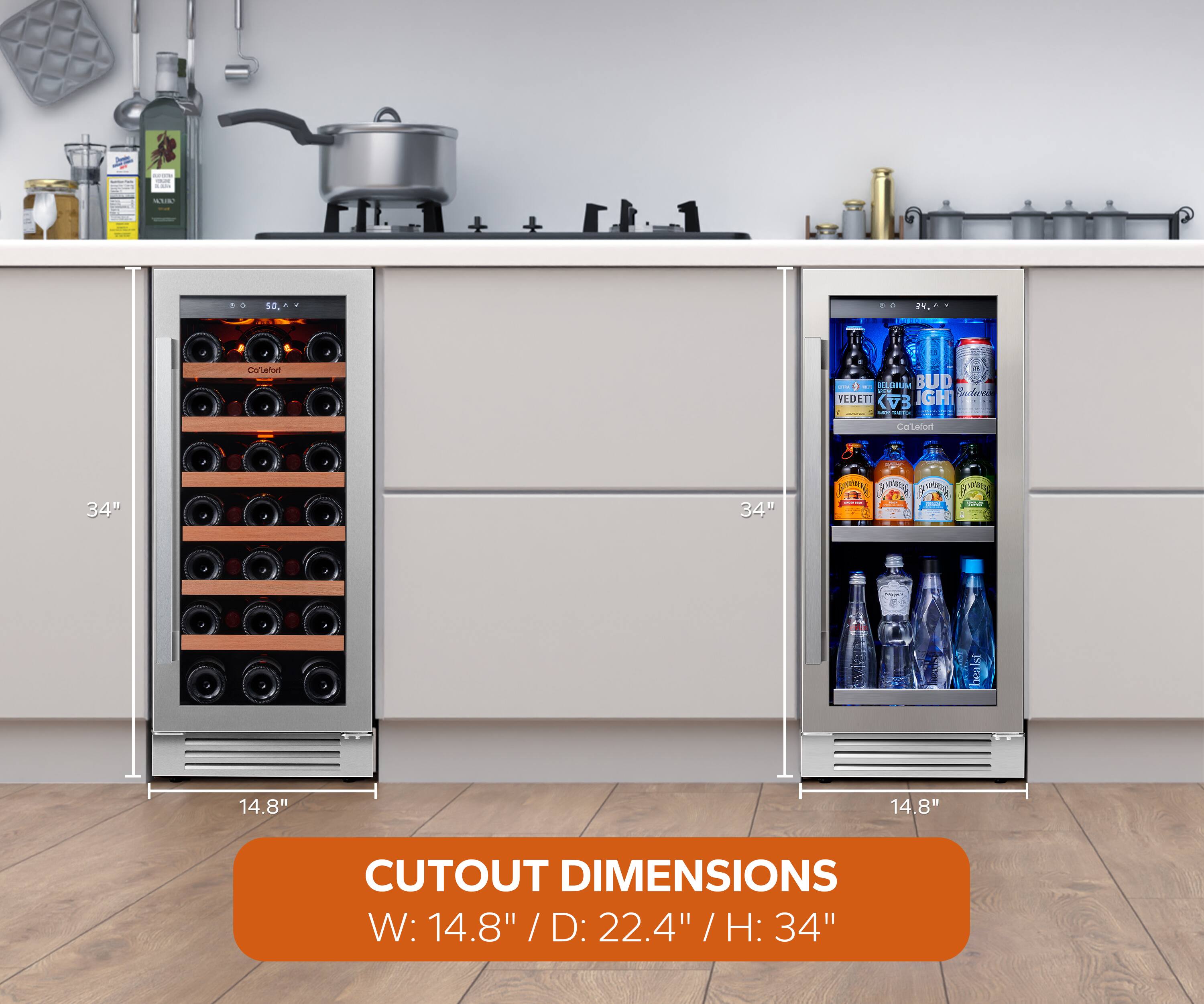 - | : I 1 - .. . | | | S0 2. Colanor I I - HEEIRB BUD :  VEDETT KVB IGH | i - Casalari 34" 34" P DaN B Po - o healsh 14.8" 14.8" CUTOUT DIMENSIONS W: 14.8" / D: 22.4" / H: 34"