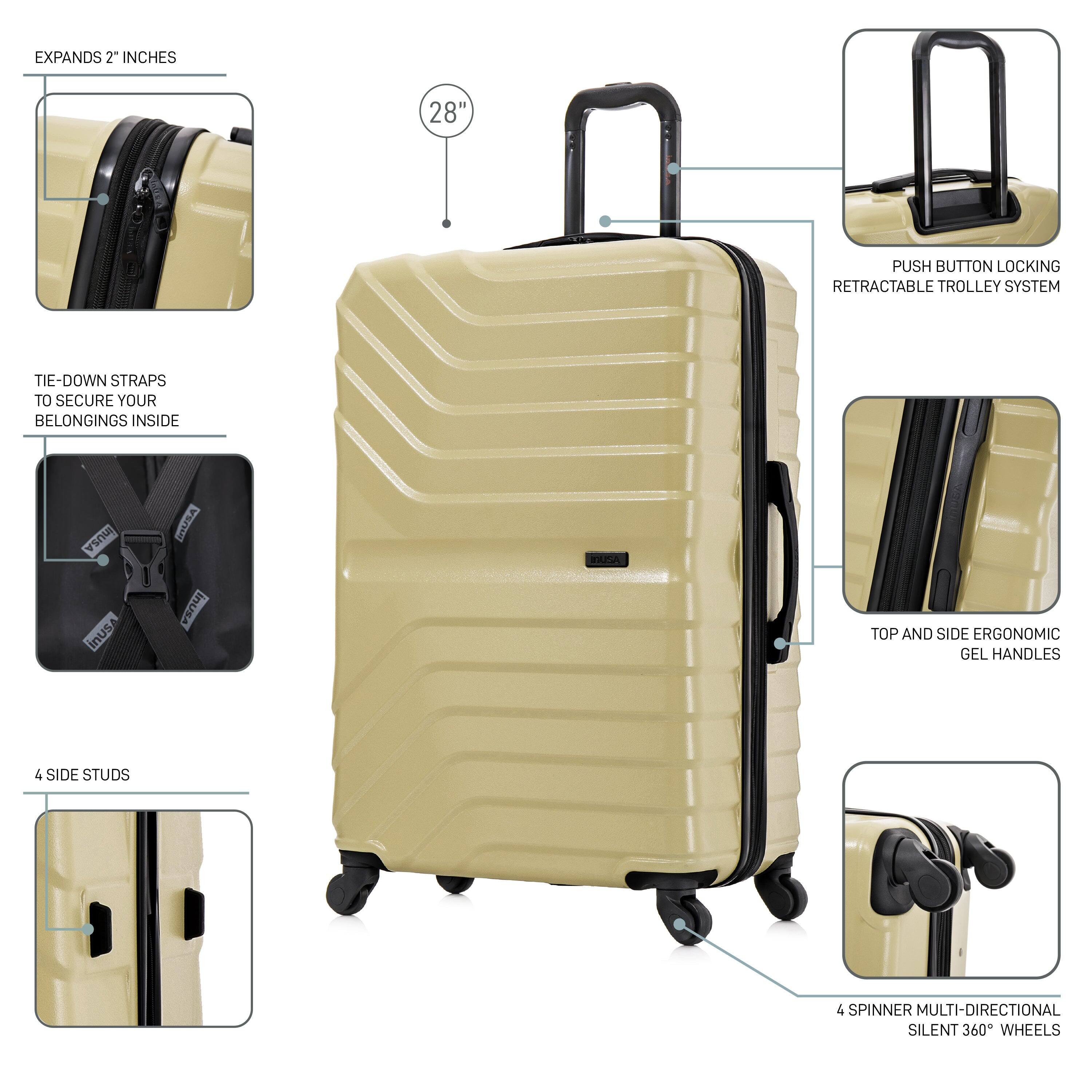 - EXPANDS 2" INCHES
- 28" PUSH BUTTON LOCKING RETRACTABLE TROLLEY SYSTEM
- TIE-DOWN STRAPS TO SECURE YOUR BELONGINGS INSIDE
- 4 SIDE STUDS
- TOP AND SIDE ERGONOMIC GEL HANDLES
- 4 SPINNER MULTI-DIRECTIONAL SILENT 360° WHEELS