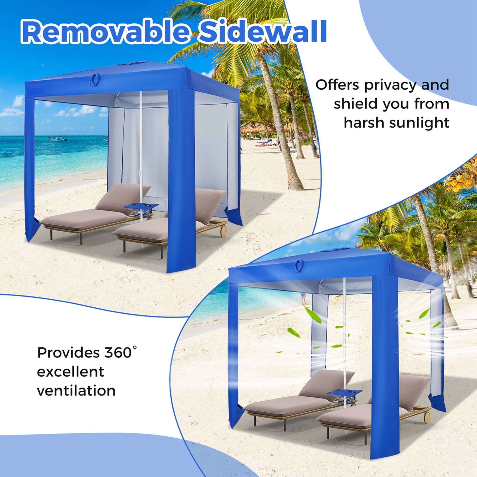 Removable Sidewall: Offers privacy and shields you from harsh sunlight. Provides 360 excellent ventilation.