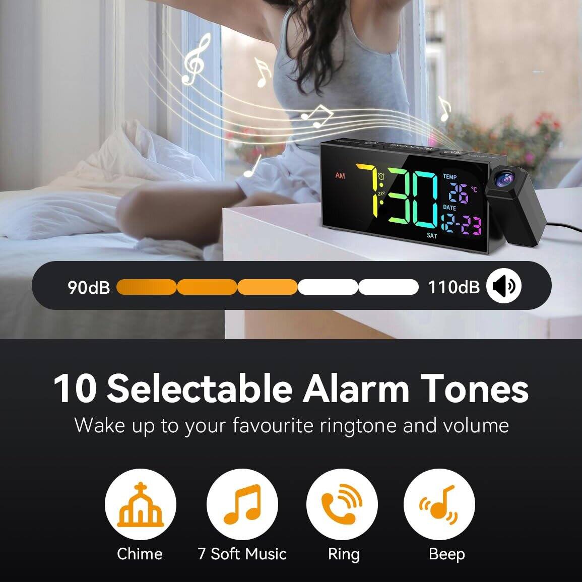 AM TEMP 26°C  
JU DATE SAT 12-23  
90dB 110dB  
10 Selectable Alarm Tones  
Wake up to your favourite ringtone and volume  
Chime 7 Soft Music Ring Beep
