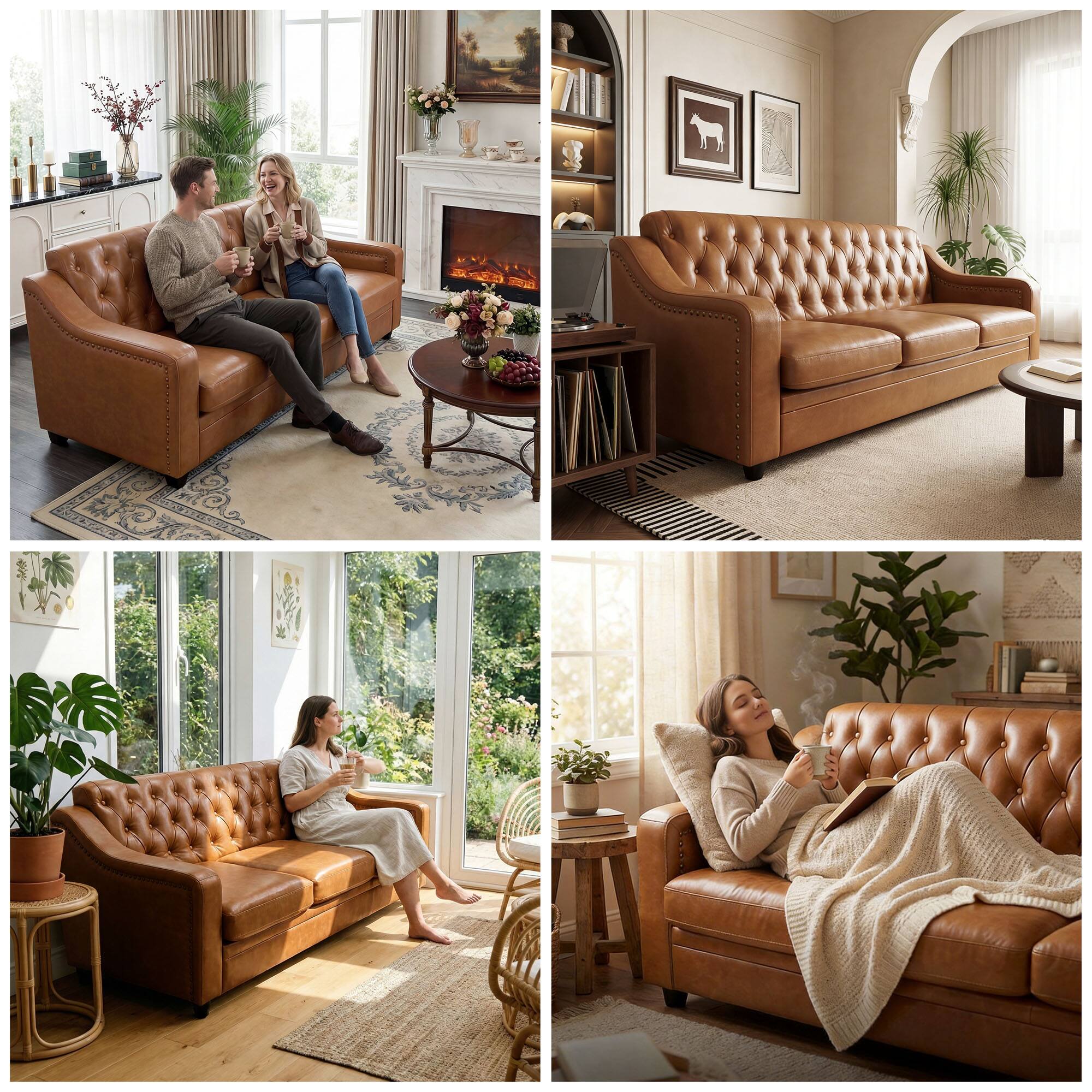 Back. Dyonery - 78.7" Three Seater Sofa, Chesterfield Sofa, Mid-Century Modern PU Upholstered, Deep Button Tufted Sofa,Red Brown - Brown.