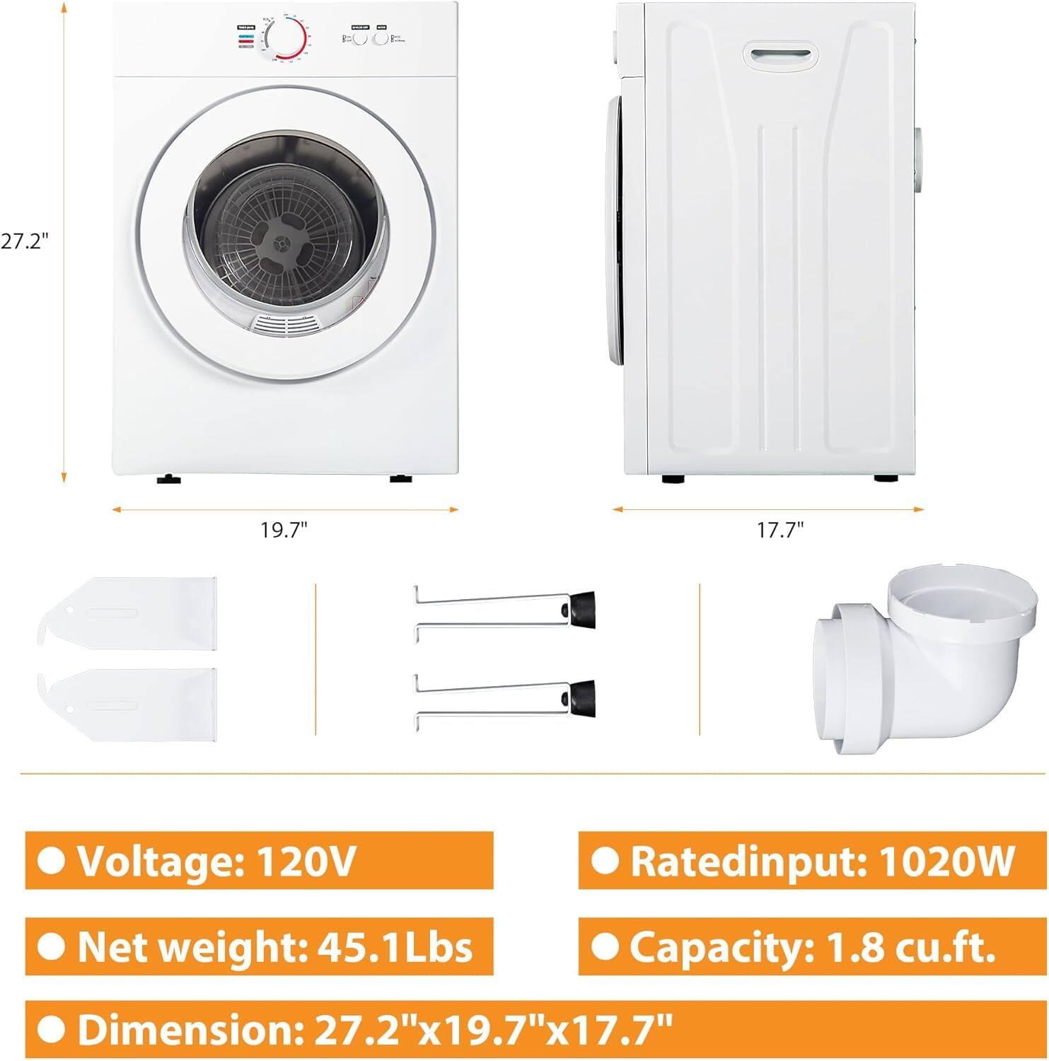 - Voltage: 120V
- Net weight: 45.1 Lbs
- Dimension: 27.2" x 19.7" x 17.7"
- Rated input: 1020W
- Capacity: 1.8 cu.ft.