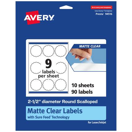 Go to avery.com/templates
Use Avery Template Presta® 94516
MATTE CLEAR
9 labels per sheet
10 sheets
90 labels
2-1/2" diameter Round Scalloped Matte Clear Labels with Sure Feed® Technology for Laser/Inkjet