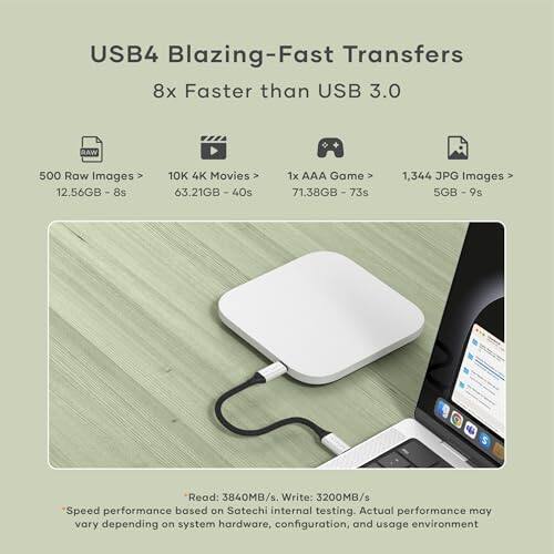 USB4 Blazing-Fast Transfers  
8x Faster than USB 3.0  

- 500 Raw Images: 12.56GB - 8s  
- 10K 4K Movies: 63.21GB - 40s  
- 1x AAA Game: 71.38GB - 73s  
- 1,344 JPG Images: 5GB - 9s  

Read: 3840MB/s  
Write: 3200MB/s  

*Speed performance based on Satechi internal testing. Actual performance may vary depending on system hardware, configuration, and usage environment.