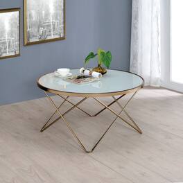GOODSILO - Frosted Glass Top and Finish Round Coffee Table with Geometric V-Shaped Metal Base - Champagne