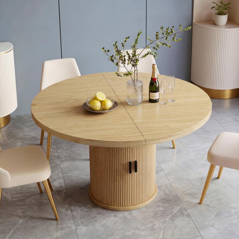 Dyonery - 35.43-inch Round Wood Dining Table, Grooved Kitchen Dining Table, Round Dining Table with Storage Base, Round - Oak