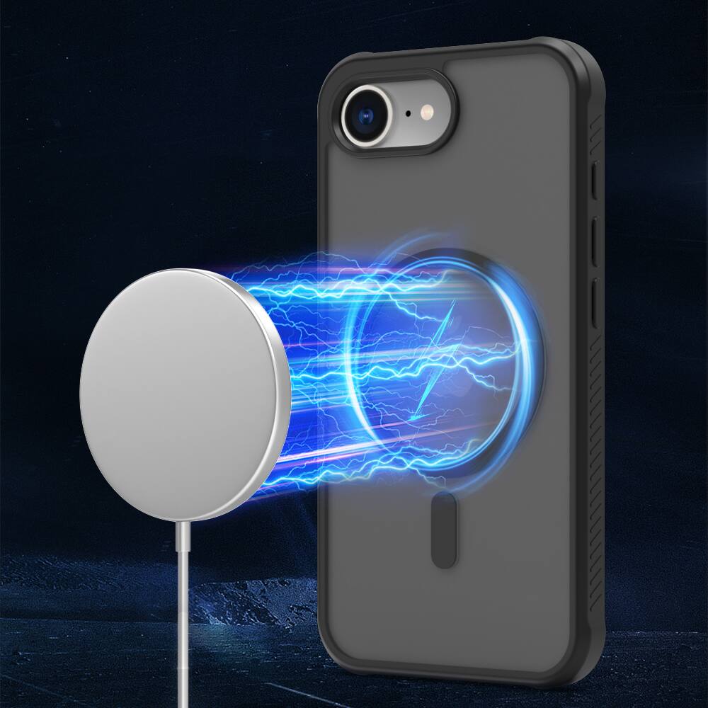 Angle. Dteck - Magnetic for iPhone 17e Case / iPhone 16e Case, Compatible with MagSafe, Translucent Matte Shockproof Phone Cover - Black.