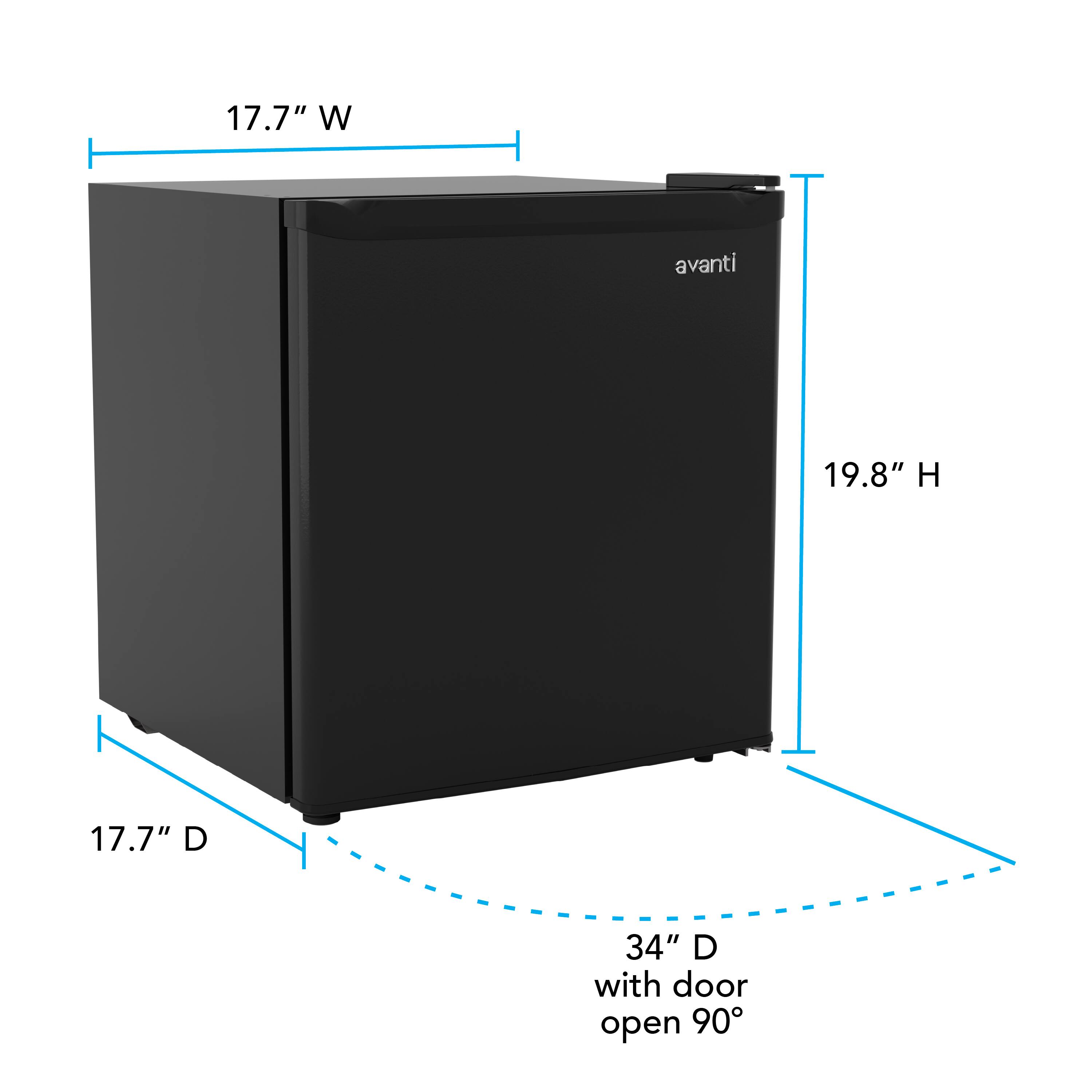 17.7" W x 19.8" H x 17.7" D, 34" D with door open 90°