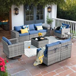Ovios - 9 PCS Outdoor Patio Furniture Rattan Sectional Sofa Swivel Rocking Chairs with Coffee Table - Denim Blue