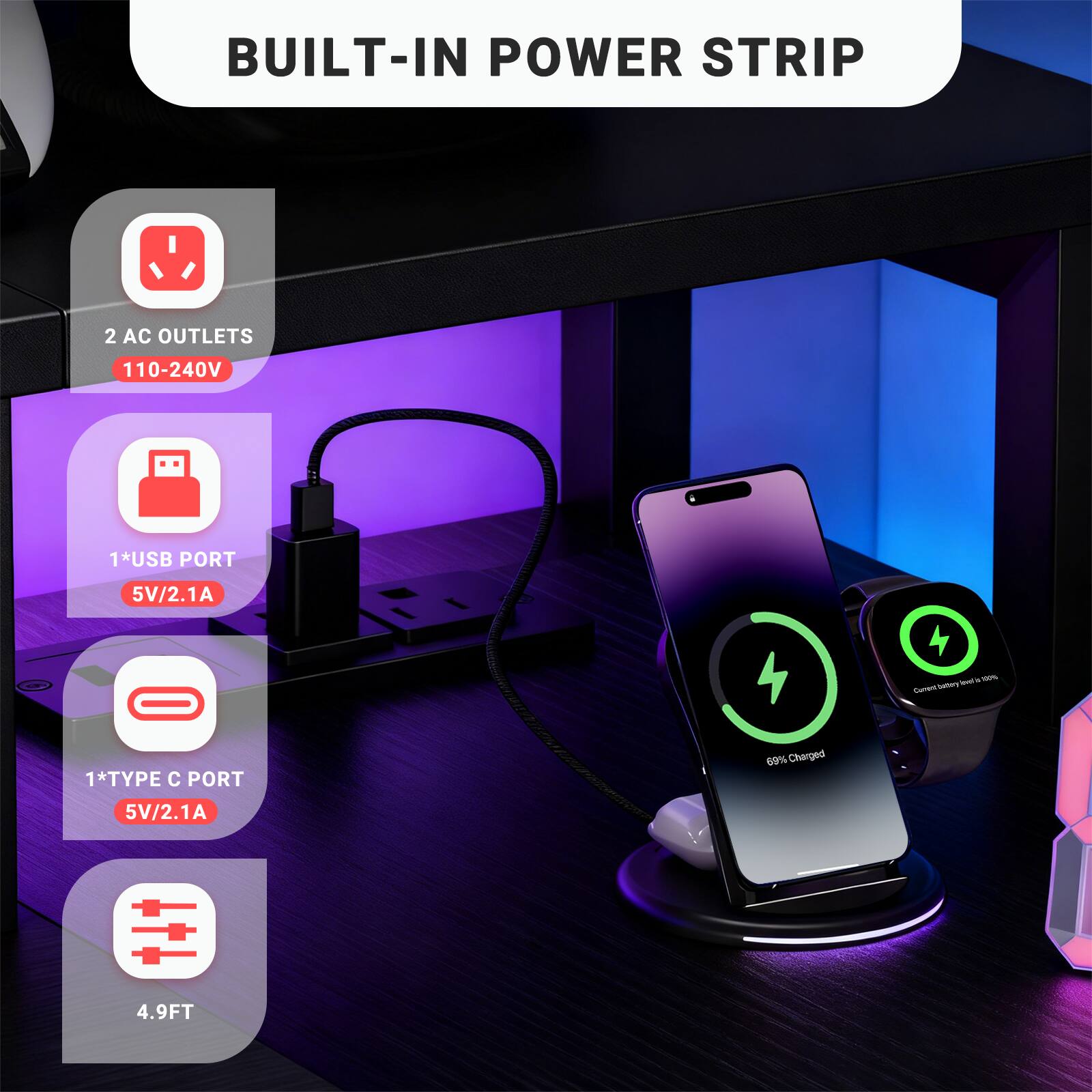 BUILT-IN POWER STRIP  
2 AC OUTLETS 110-240V  
1*USB PORT 5V/2.1A  
1*TYPE C PORT 5V/2.1A  
69% Charged  
4.9FT