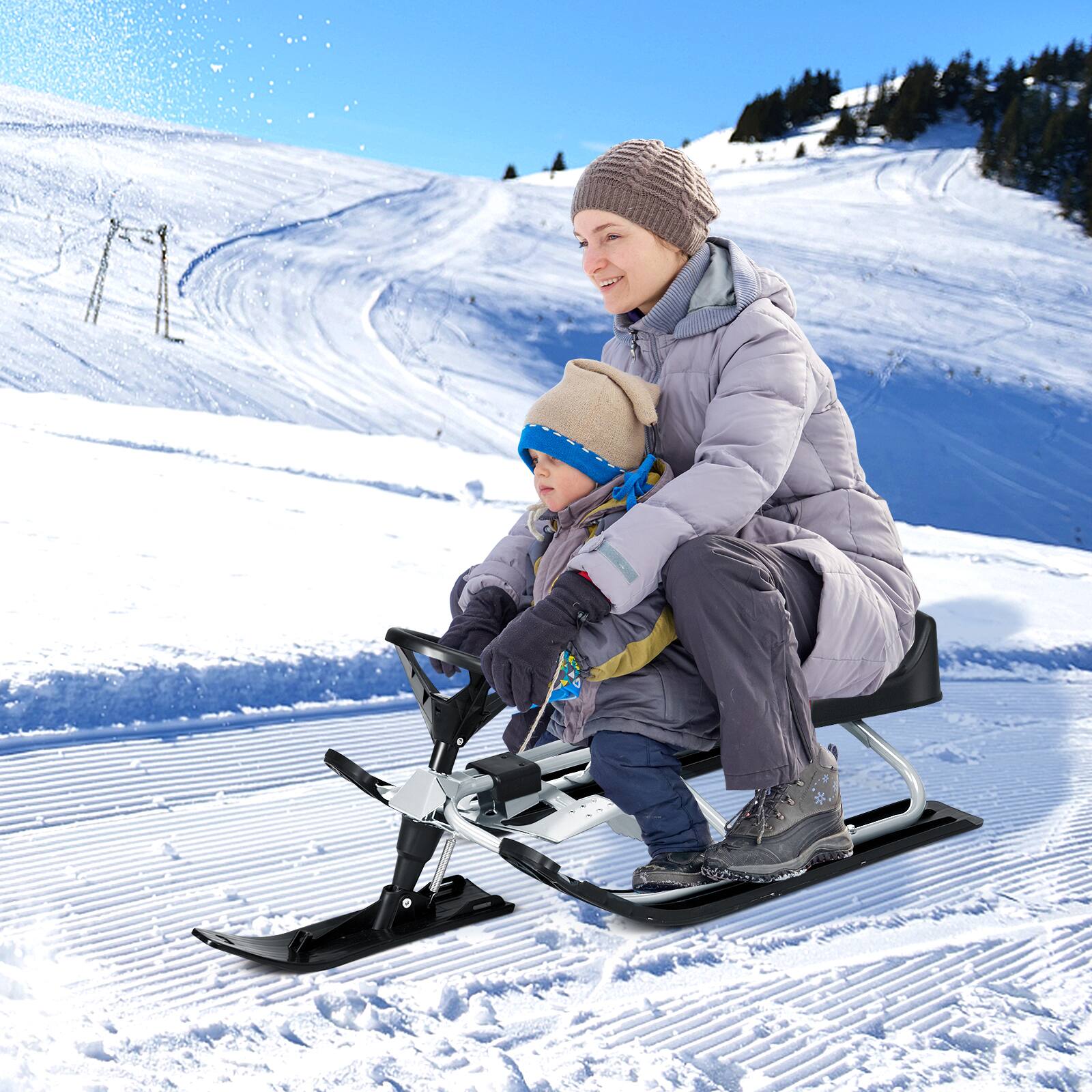 Costway Kids Snow Racer Sled w/ Steering Wheel & Double
