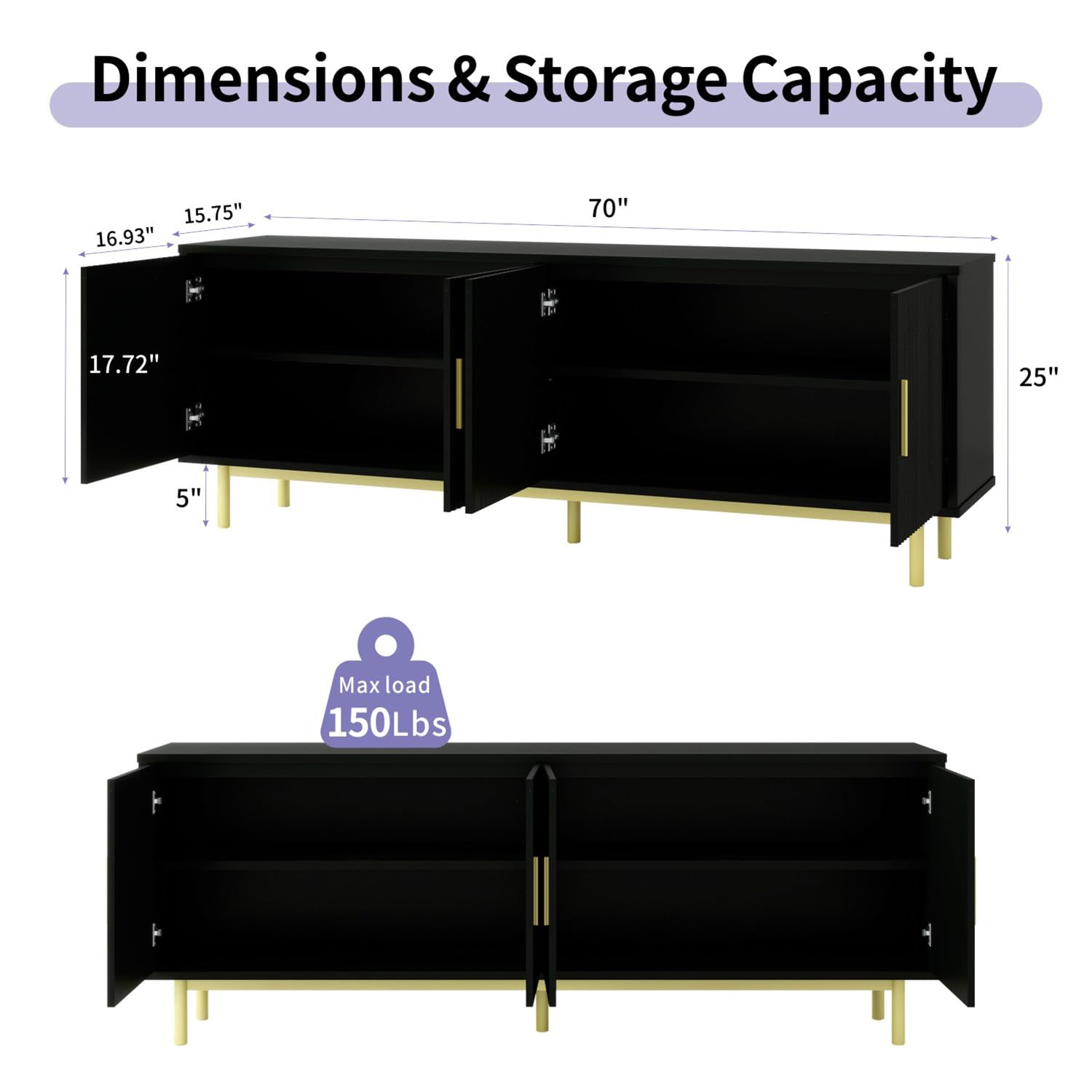 Dimensions & Storage Capacity

- Width: 70"
- Depth: 16.93"
- Height: 17.72"
- Top Surface: 15.75"
- Side Height: 5"
- Max Load: 150Lbs