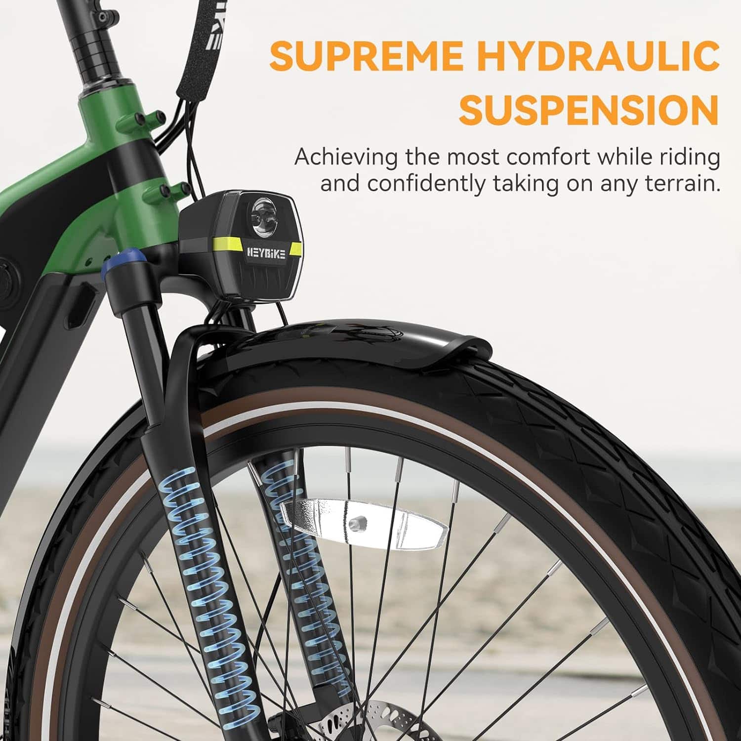 The text on the image reads: "SUPREME HYDRAULIC SUSPENSION Achieving the most comfort while riding and confidently taking on any terrain. MEYBIKE."