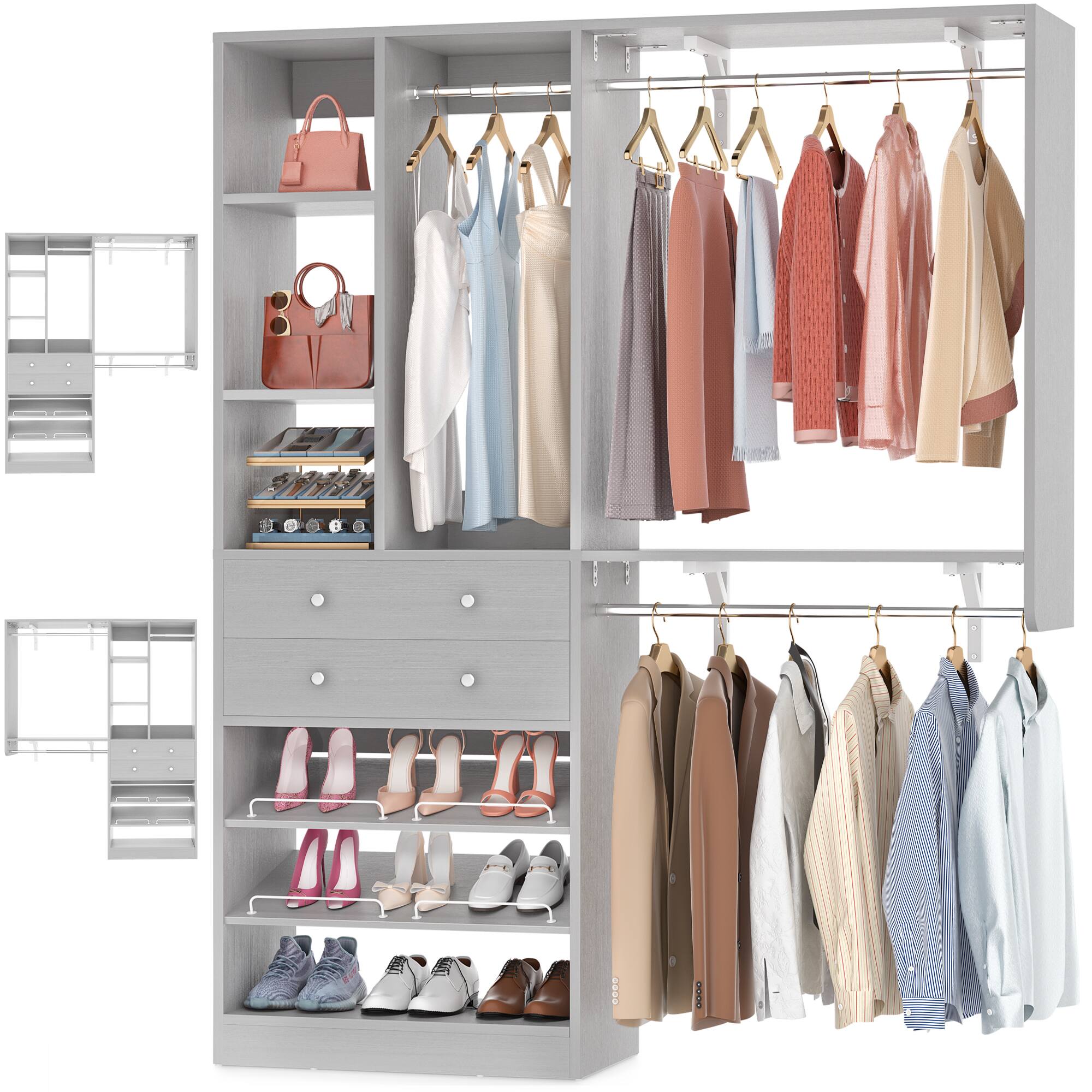 Back. Aheaplus - Heavy Duty Closet Organizer with Drawers and Hanging Rods, Wardrobe System with Adjustable Shoe Racks, Wall Mounted - Gray.