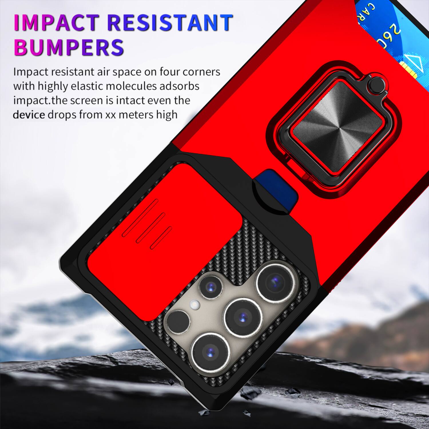 IMPACT RESISTANT BUMPERS

Impact resistant air space on four corners with highly elastic molecules adsorbs impact. The screen is intact even the device drops from xx meters high