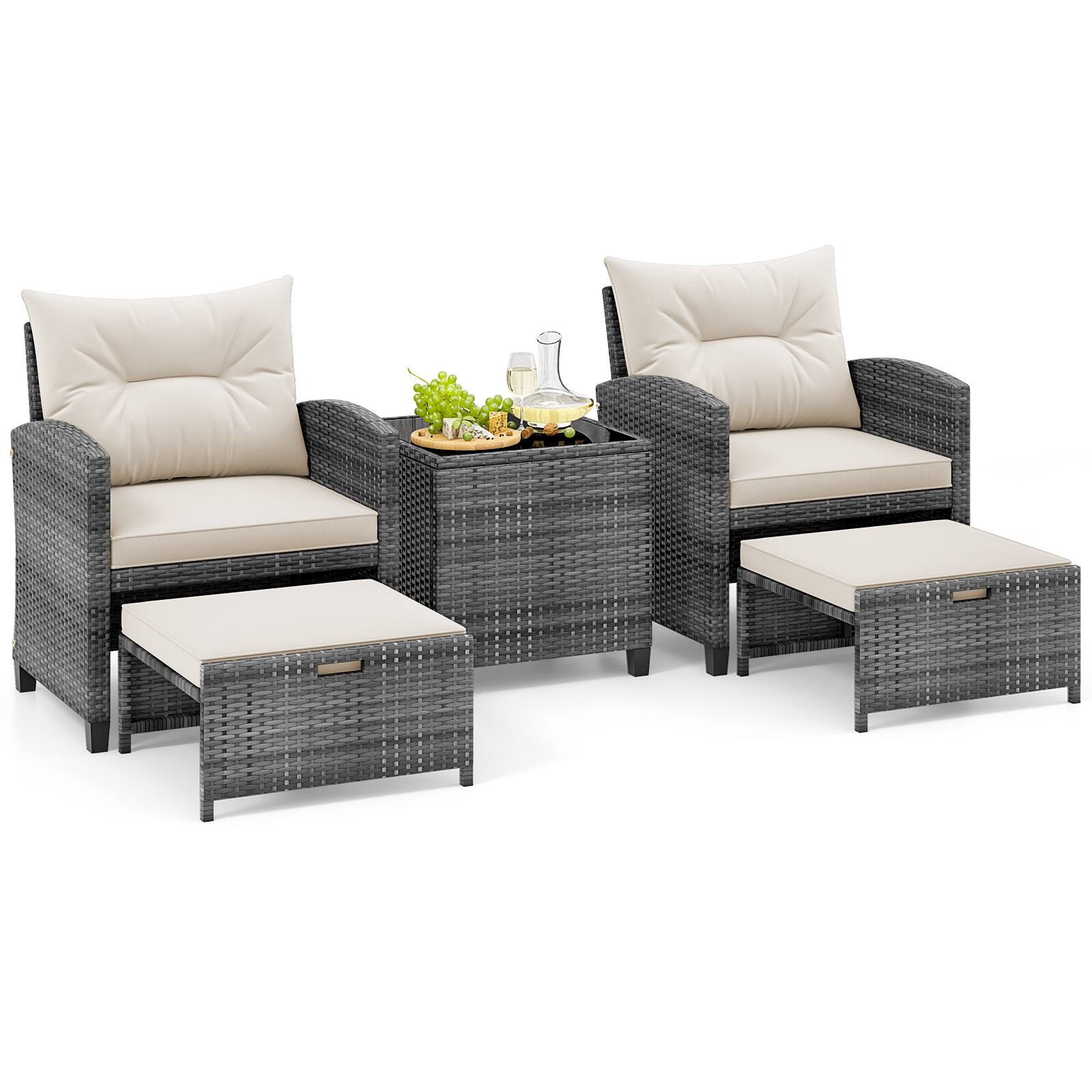Alt View 7. Gymax - Gymax 5 Piece Patio Rattan Furniture w/ 2 Ottomans & Tempered Glass Coffee Table Outdoor White - Grey.