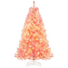WELLFOR - 6ft Pre‑lit Artificial Christmas Tree with 688 Branch Tips &250 LED Lights‑ Vibrant Tinsel Hinged Xmas Trees - Pink