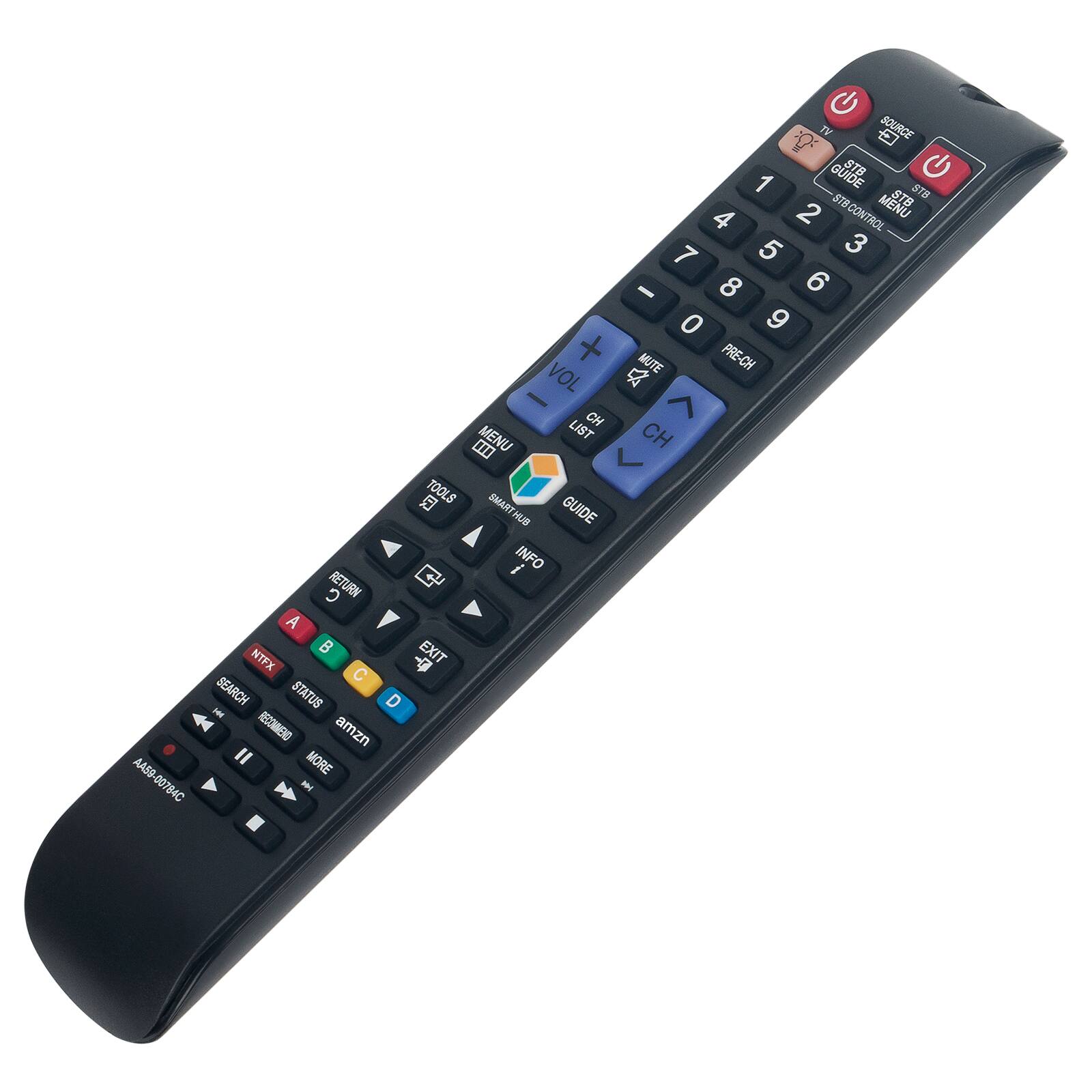 AAES 00784C TV SRUDe 1 QUIDE STB ST8 STB 4 2 ST8 CONTROL MENU 7 5 3 - 8 6 0 9 + MUTE PRE-CH VOL a - CH MENU LIST CH > TOOLS SMART HUB GUIDE INFO RETURN G C A B EXIT NTFX 4 C SEARCH STATUS D HM RECOMMEND amzn I MORE