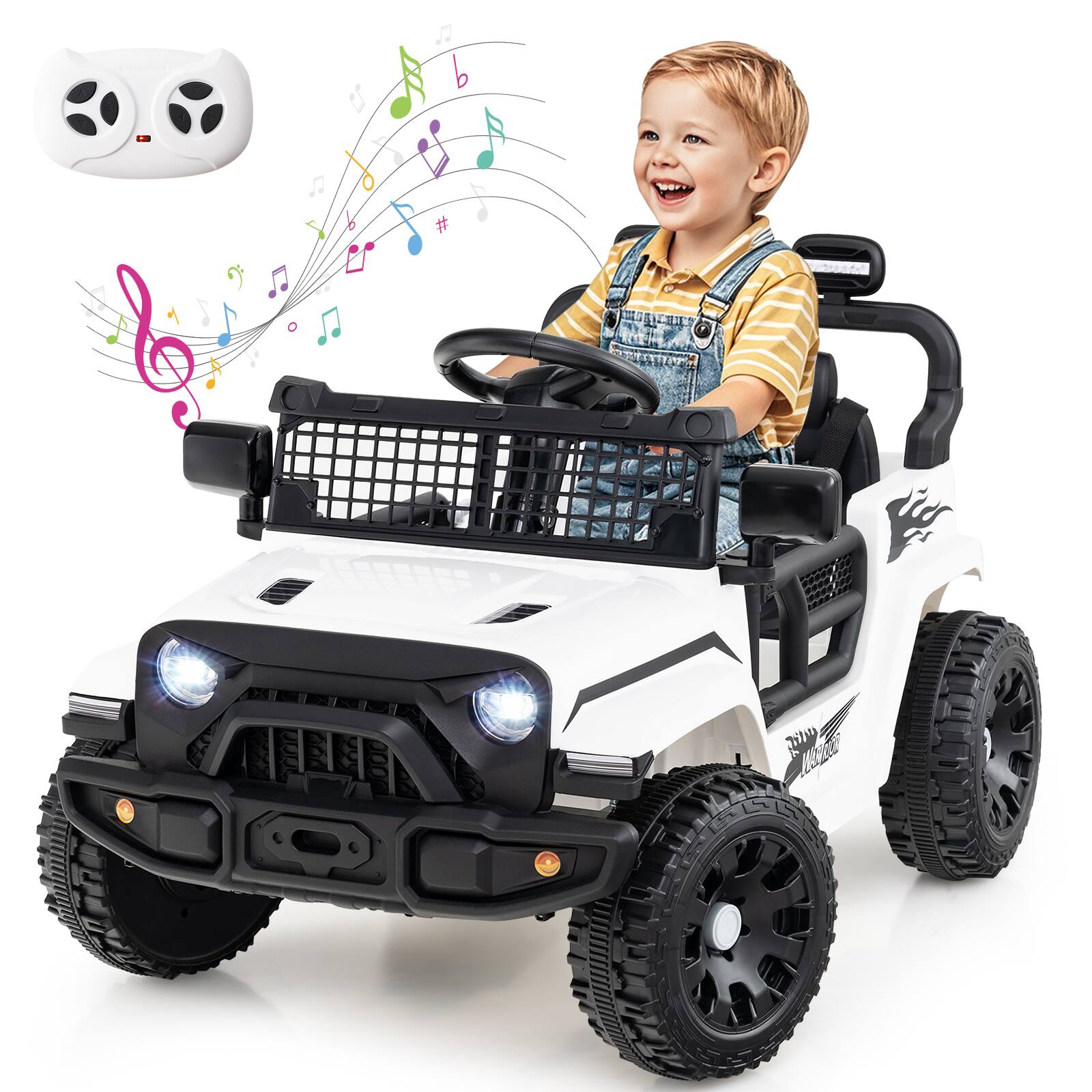 Gymax - Kids Ride on Car Truck 12V Battery Powered Electric Vehicle w/ Foldable Mirrors - White