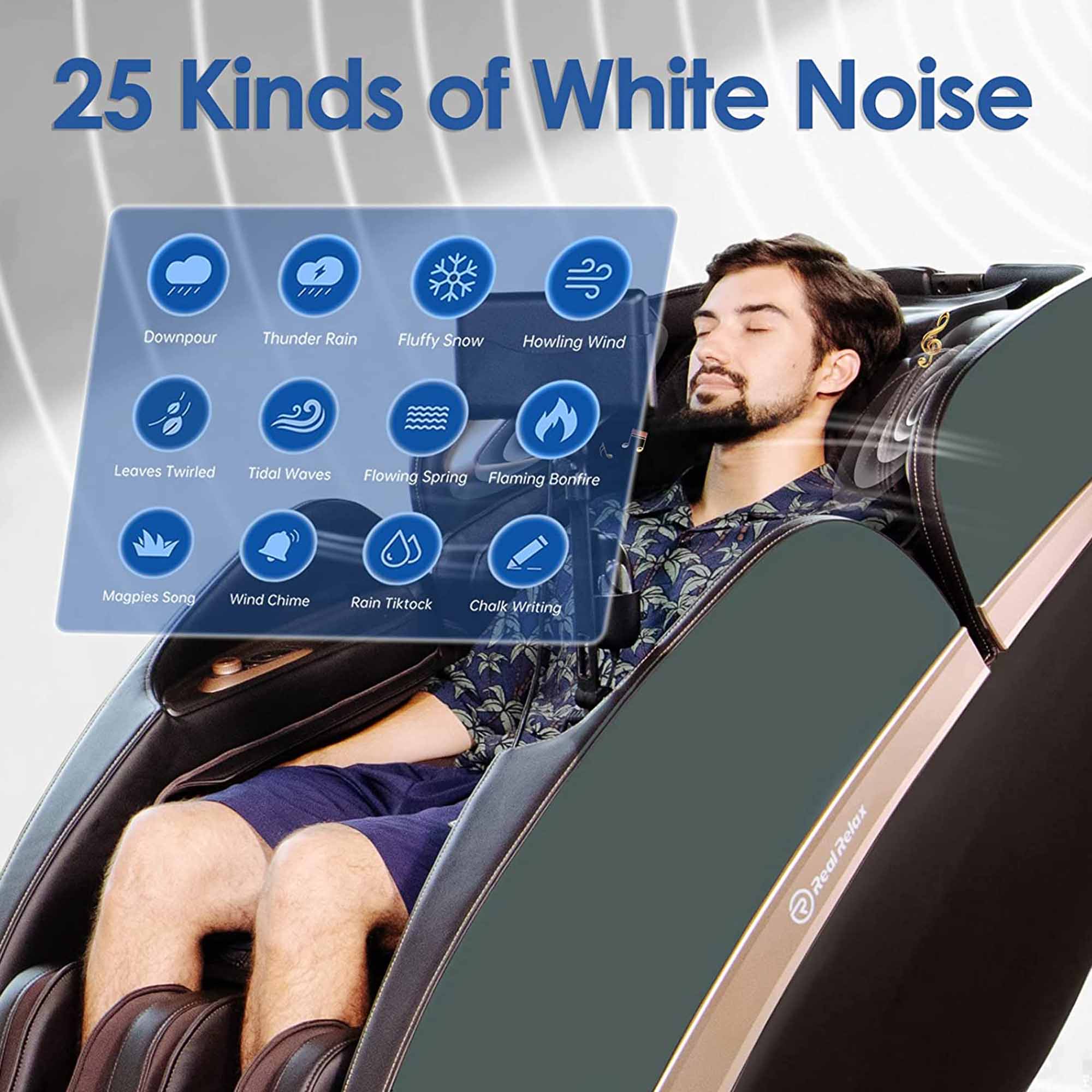 25 Kinds of White Noise

- Downpour
- Thunder Rain
- Fluffy Snow
- Howling Wind
- Leaves Twirled
- Tidal Waves
- Flowing Spring
- Flaming Bonfire
- Magpies Song
- Wind Chime
- Rain Tiktock
- Chalk Writing