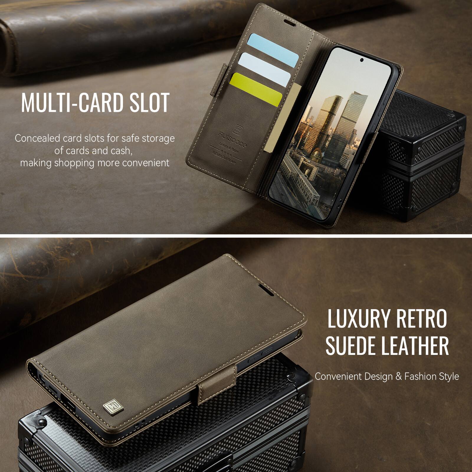 MULTI-CARD SLOT  
Concealed card slots for safe storage of cards and cash, making shopping more convenient

LUXURY RETRO SUEDE LEATHER  
Convenient Design & Fashion Style