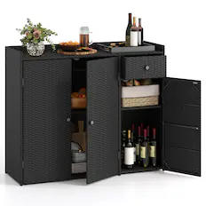 Front. Costway - Costway Outdoor PE Wicker Storage Cabinet with 3 Doors Adjustable Shelves and Drawer - Mix Black.