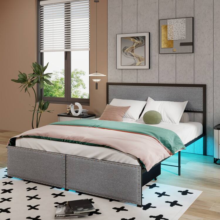 Angle. LUCKY ONE - Queen Size Metal Slats Bed Frame with LED Lights and Rolling Drawer - Grey.