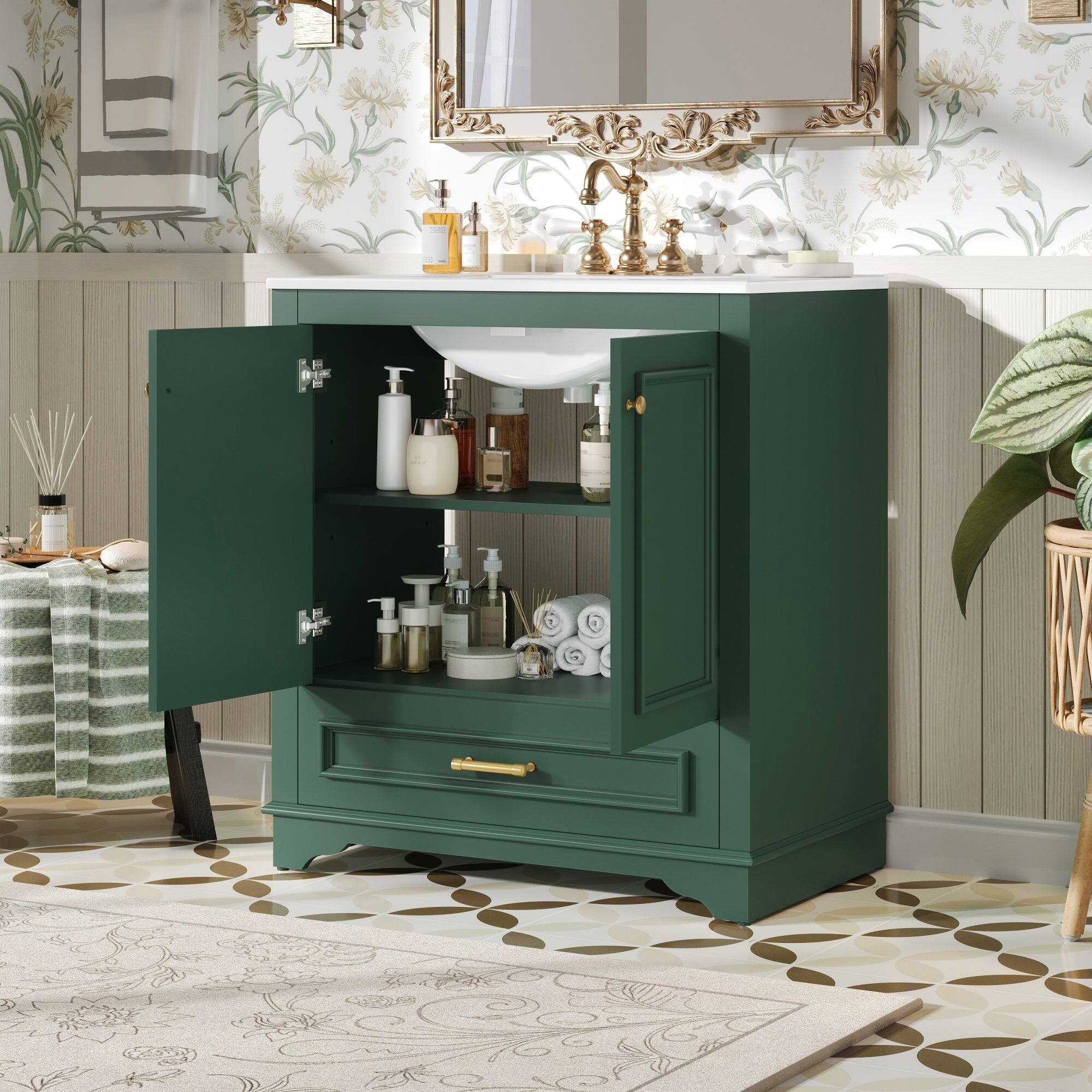 Alt View 5. Boyel Living - 30 Inch Bathroom Vanity with Ceramic Sink Solid Wood Frame Green - Green.