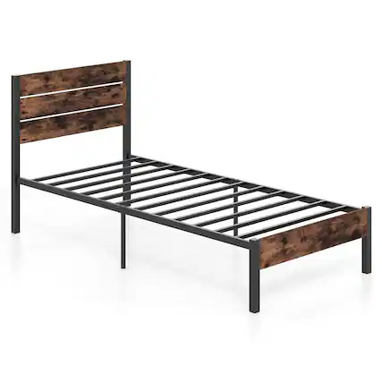 Front. Costway - Twin Bed Frame with Tall Industrial Headboard Heavy-Duty Metal Slats Support - Brown.
