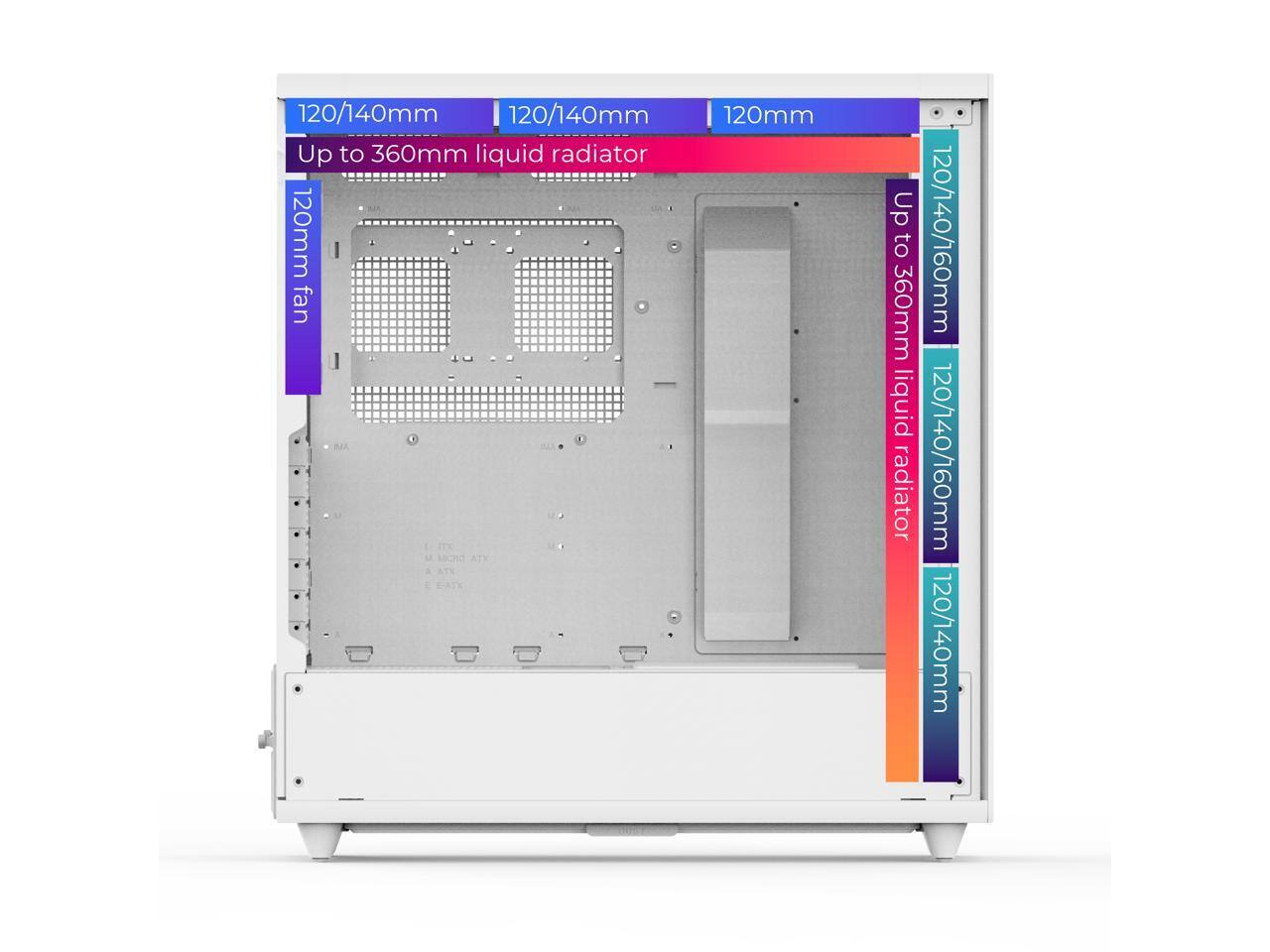 120/140mm  
Up to 360mm liquid radiator  
120mm fan  
120/140/160mm liquid radiator