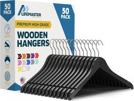 Lifemaster - Wooden Clothes Hangers – 50-Pack, 360° Swivel Hook, Non-Slip Notch, Pants Bar, Holds 10 lbs, for Suits, Coats & Dresses - Black