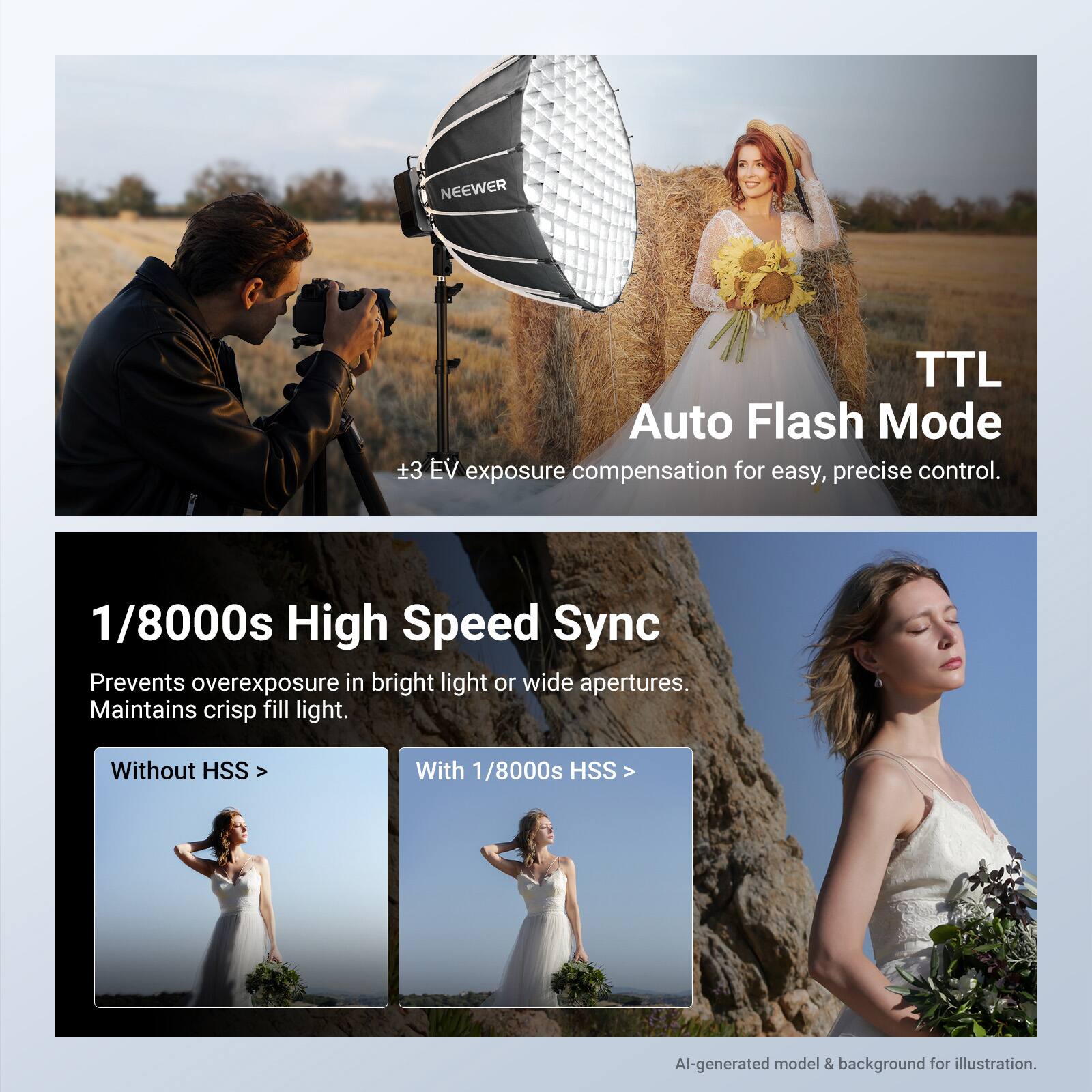 NEEWER TTL Auto Flash Mode  
±3 EV exposure compensation for easy, precise control.  
1/8000s High Speed Sync  
Prevents overexposure in bright light or wide apertures.  
Maintains crisp fill light.  
Without HSS >  
With 1/8000s HSS >  
AI-generated model & background for illustration.