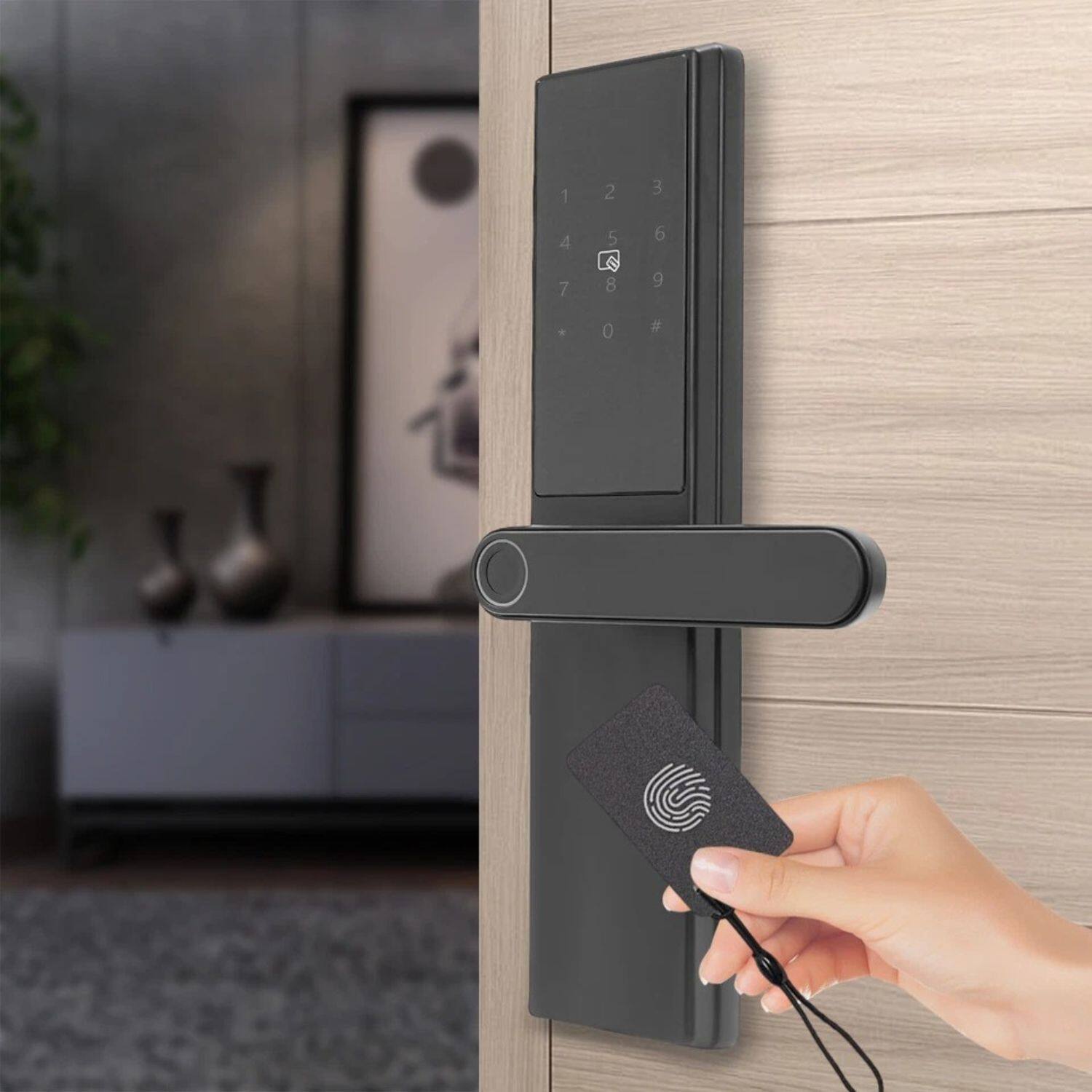 Left. Stock Preferred - Smart Fingerprint Door Lock with Keypad - Black.