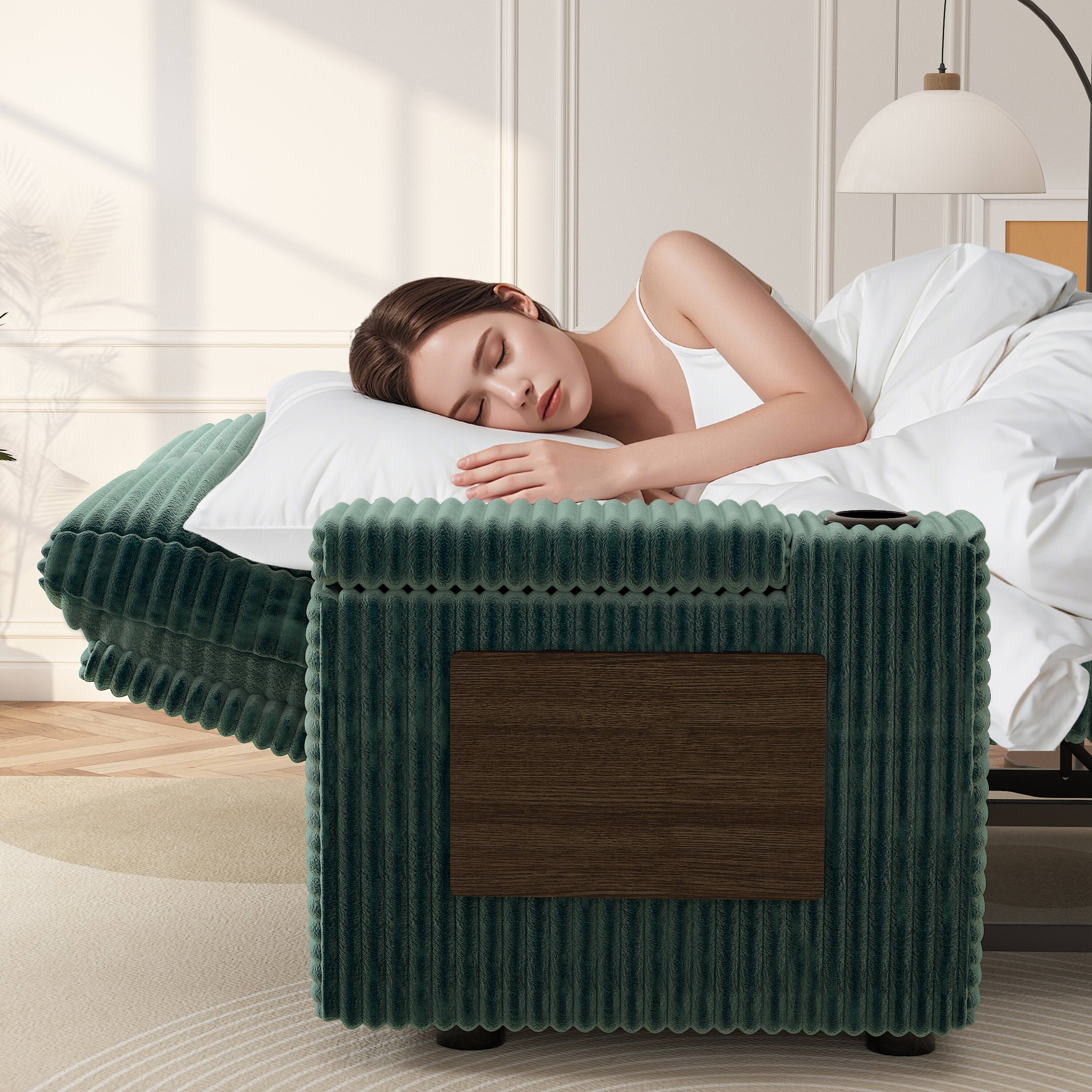 Back. Dyonery - Dyonery 65-inch pull-out bed, adjustable backrest, usb charging, corduroy green - Green.