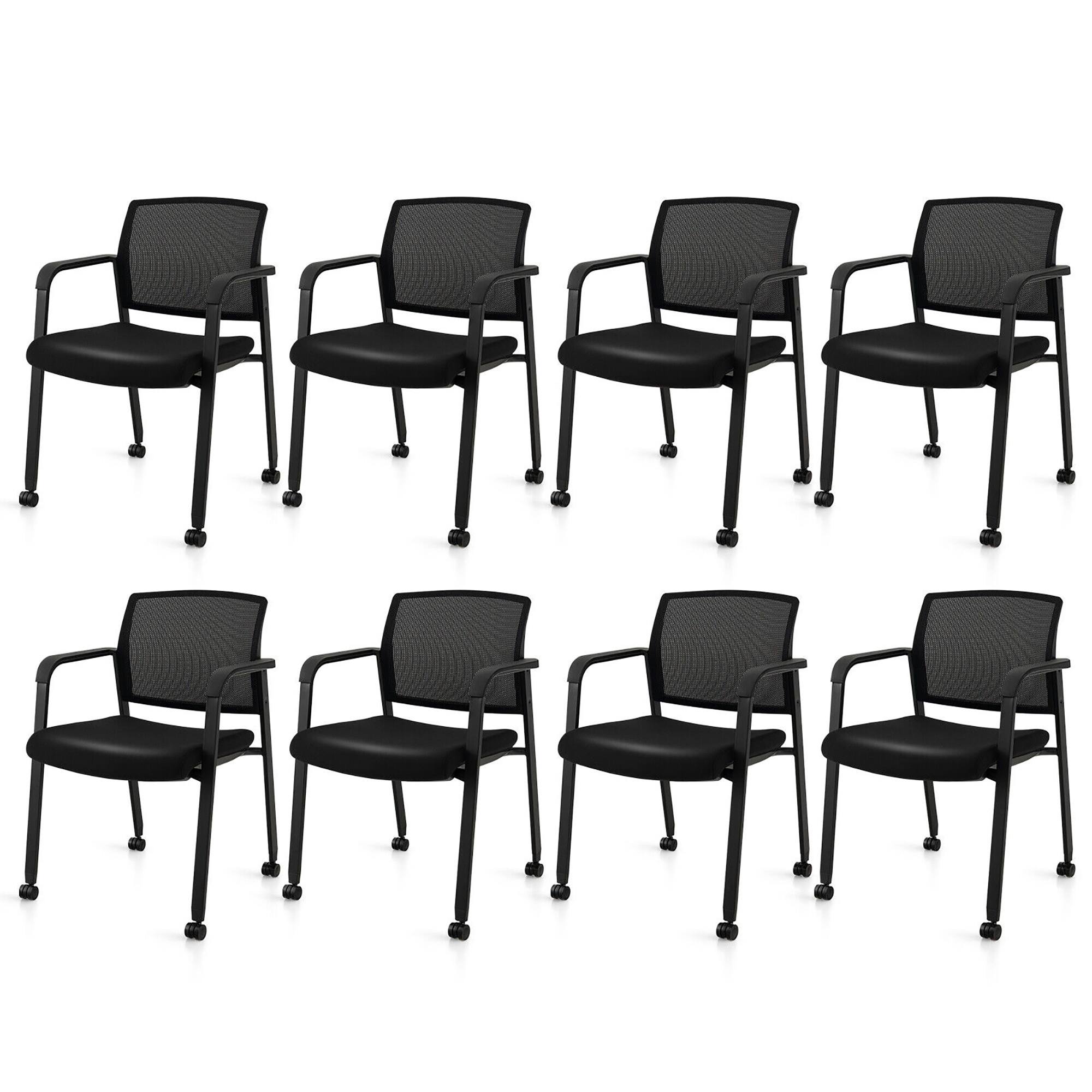 Front. Gymax - Gymax 8-Pack Office Conference Chair Set Mesh Guest Reception Stack Chairs w/ Caster Wheels - Black.
