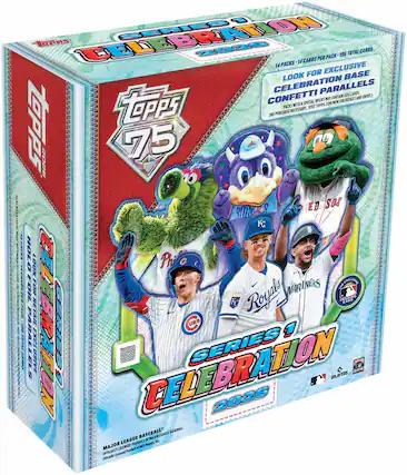 **Topps Series 1 Celebration 2026**
- **Pack 136 Total Cards**
- **Cards Per Pack: 14**
- **14 Exclusive Look for Base Celebration Parallels**
- **Confetti May Contain and Carons Special Insert for Detars**
- **Packs W/ Topps Co./WPN Necessary.**
- **No Purchase Necessary.**
- **Retail $20.00**
- **75th Anniversary**
- **Look for Exclusive Celebration Base Confetti Parallels (Packs with a Special Insert May Contain Less Cards. No Purchase Necessary. Visit TOPPS.COM/CELEBRATION FOR DETAILS AND ENTRY.)**
- **14 Packs - 14 Cards Per Pack - 196 Total Cards**
- **Holo Loom for Retail Parallels**
- **Major League Baseball**
- **Officially Licensed Product of MLB and MLBPA**
- **Officially Licensed Product of MLB and MLBPA**